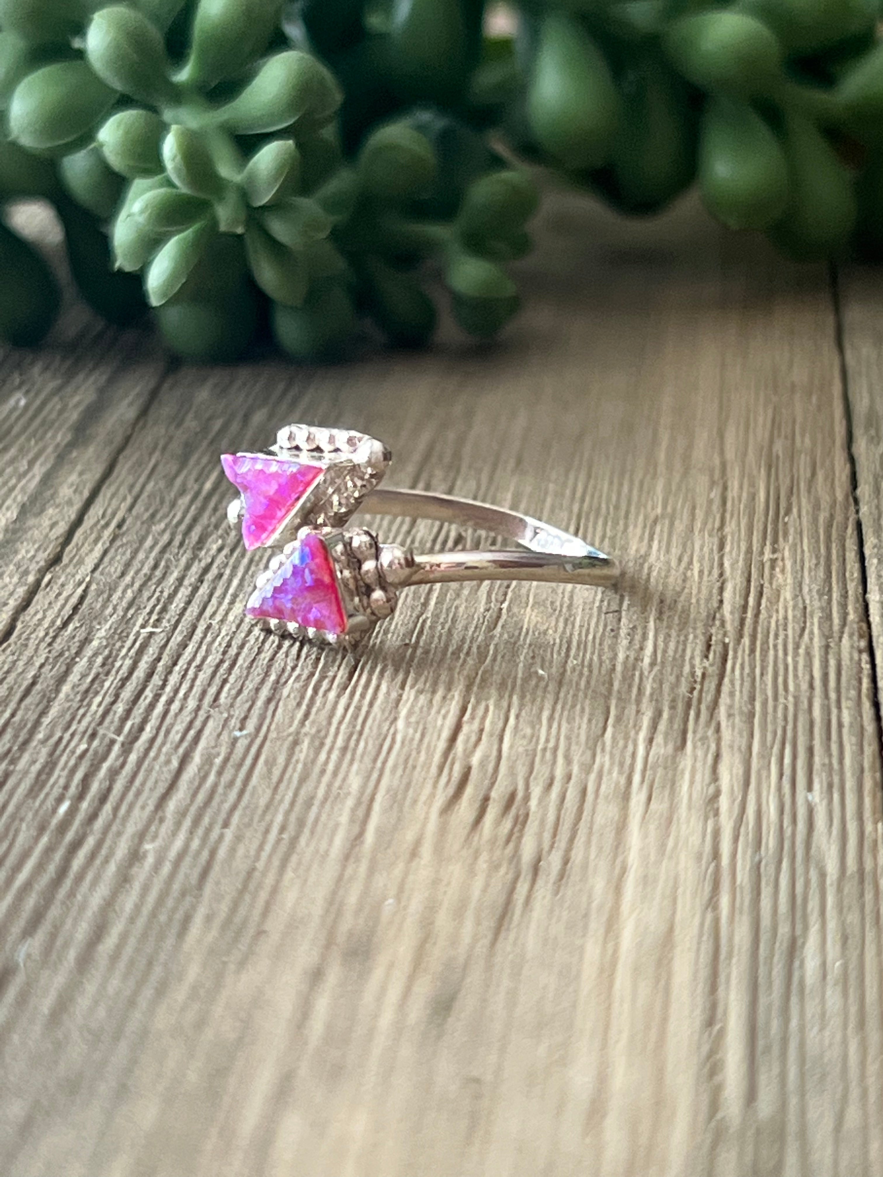 Zuni Made Pink Opal (Man Made) & Sterling Silver Adjustable Ring