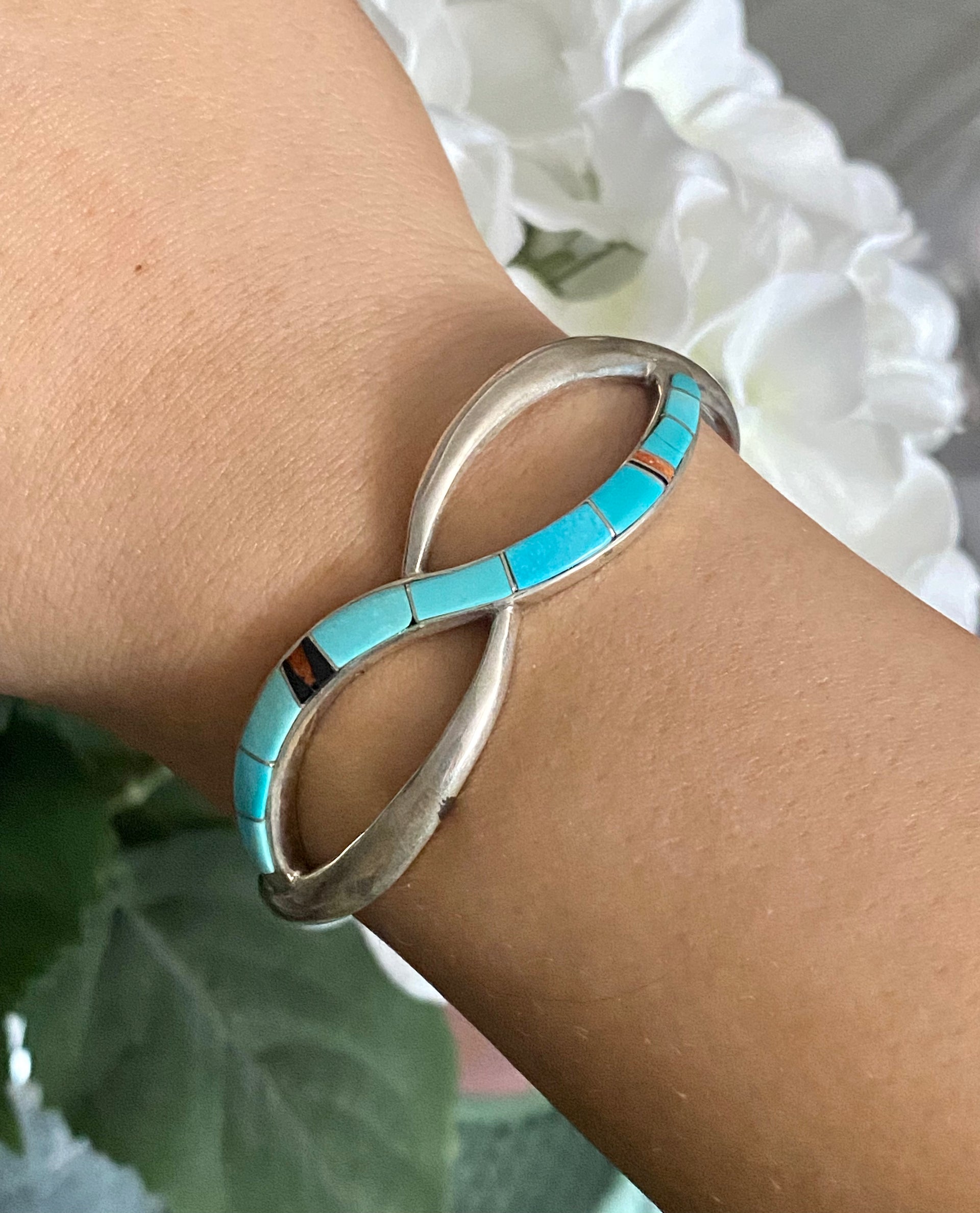 Navajo Made Multi Stone & Sterling Silver Inlay Cuff Bracelet