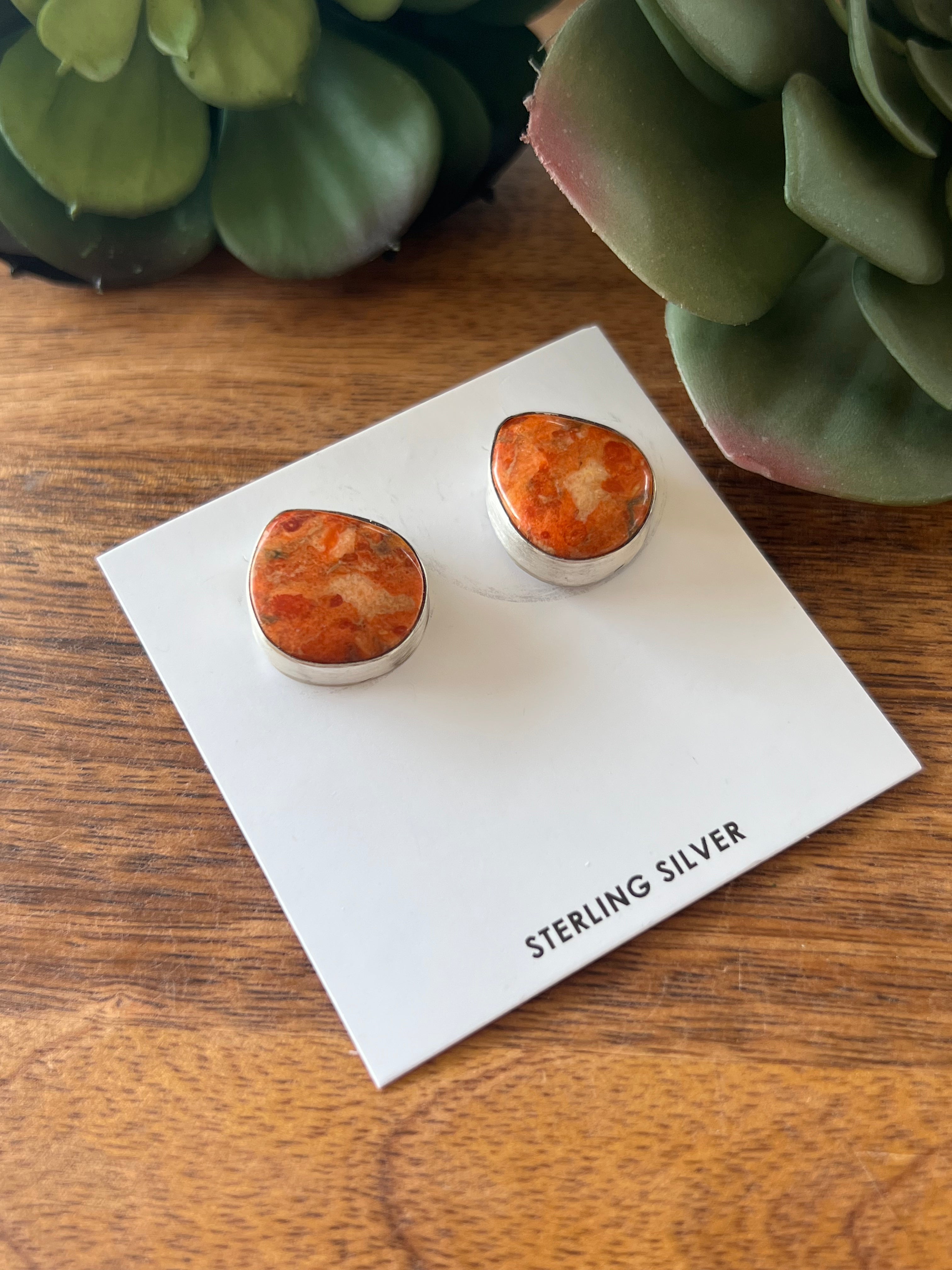 Navajo Made Apple Coral & Sterling Silver Post Earrings