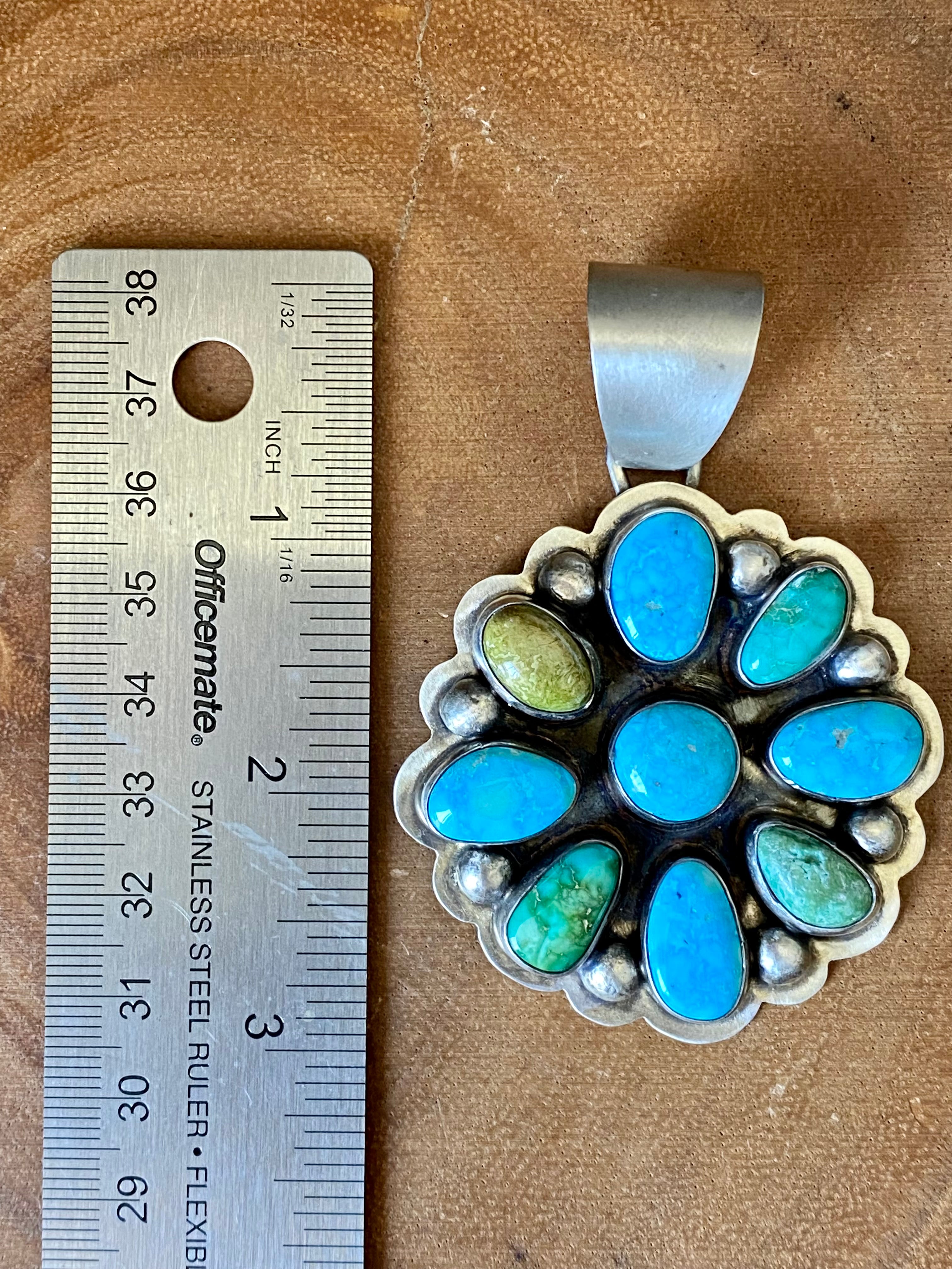 Benjamin Becenti Golden Hill’s & Sonoran Gold Turquoise Sterling Silver Cluster Pendant