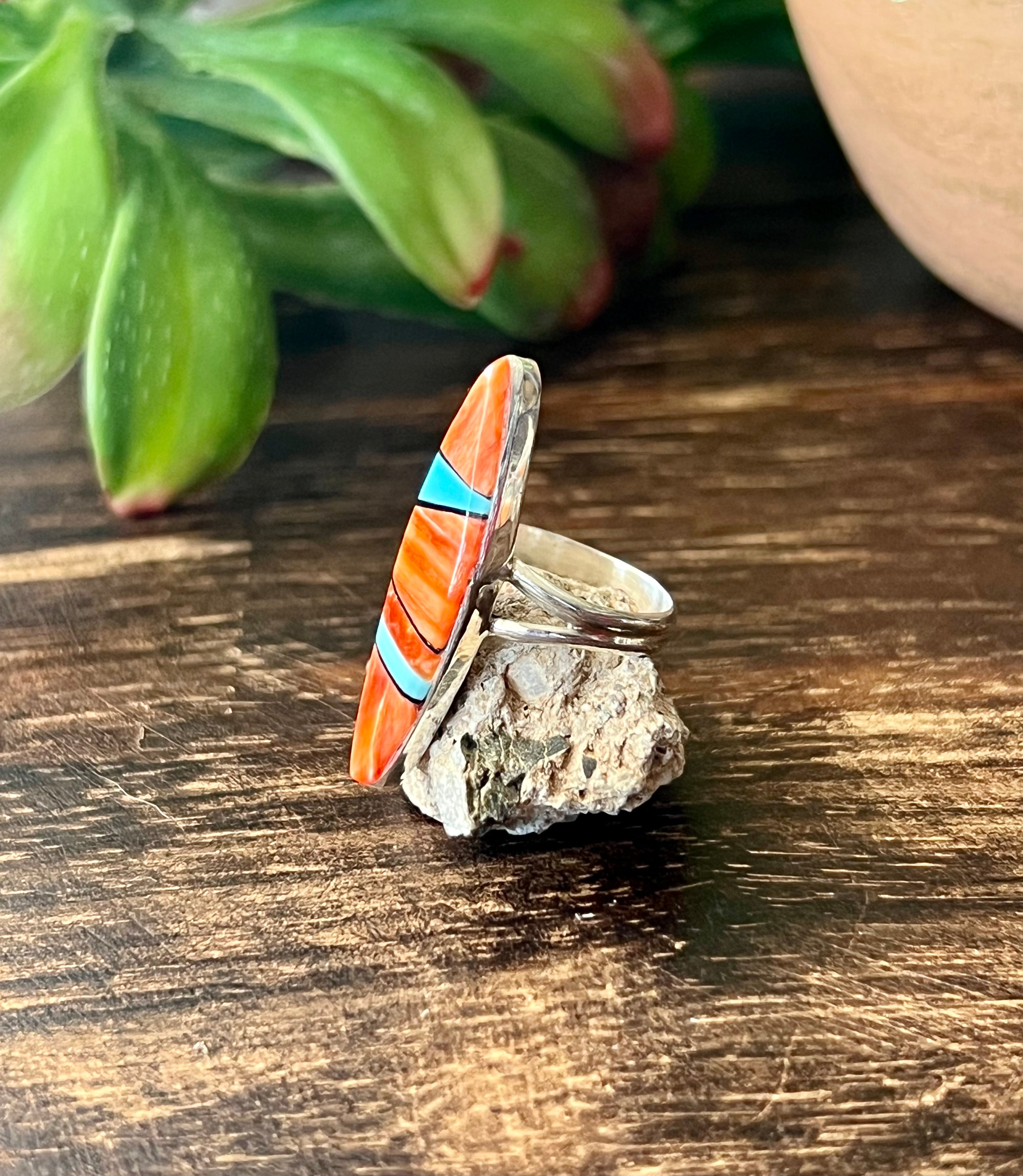 Navajo Made Multi Stone & Sterling Silver Inlay Ring Size 5.5
