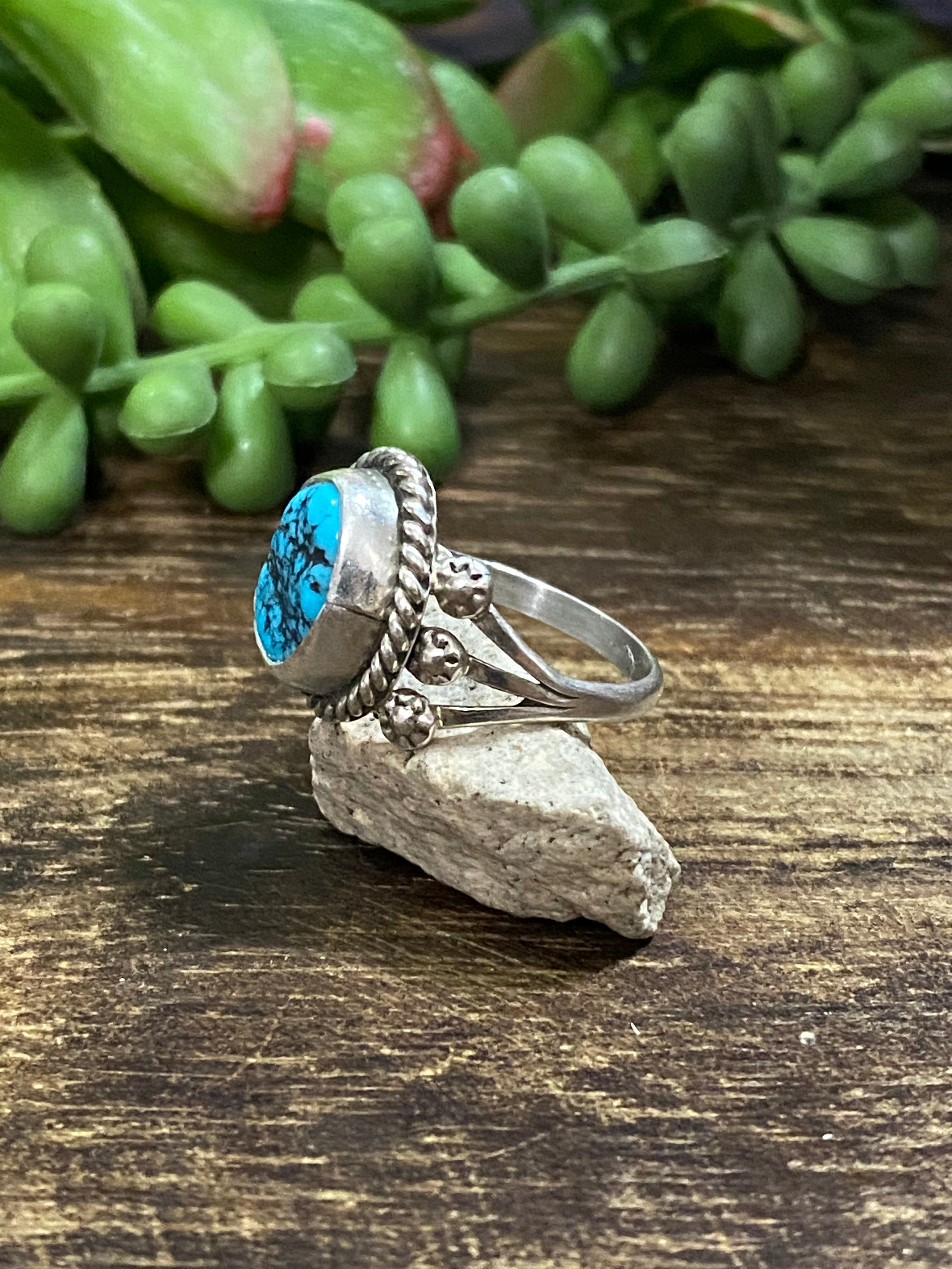 Navajo Made Kingman Turquoise & Sterling Silver Ring Size 7