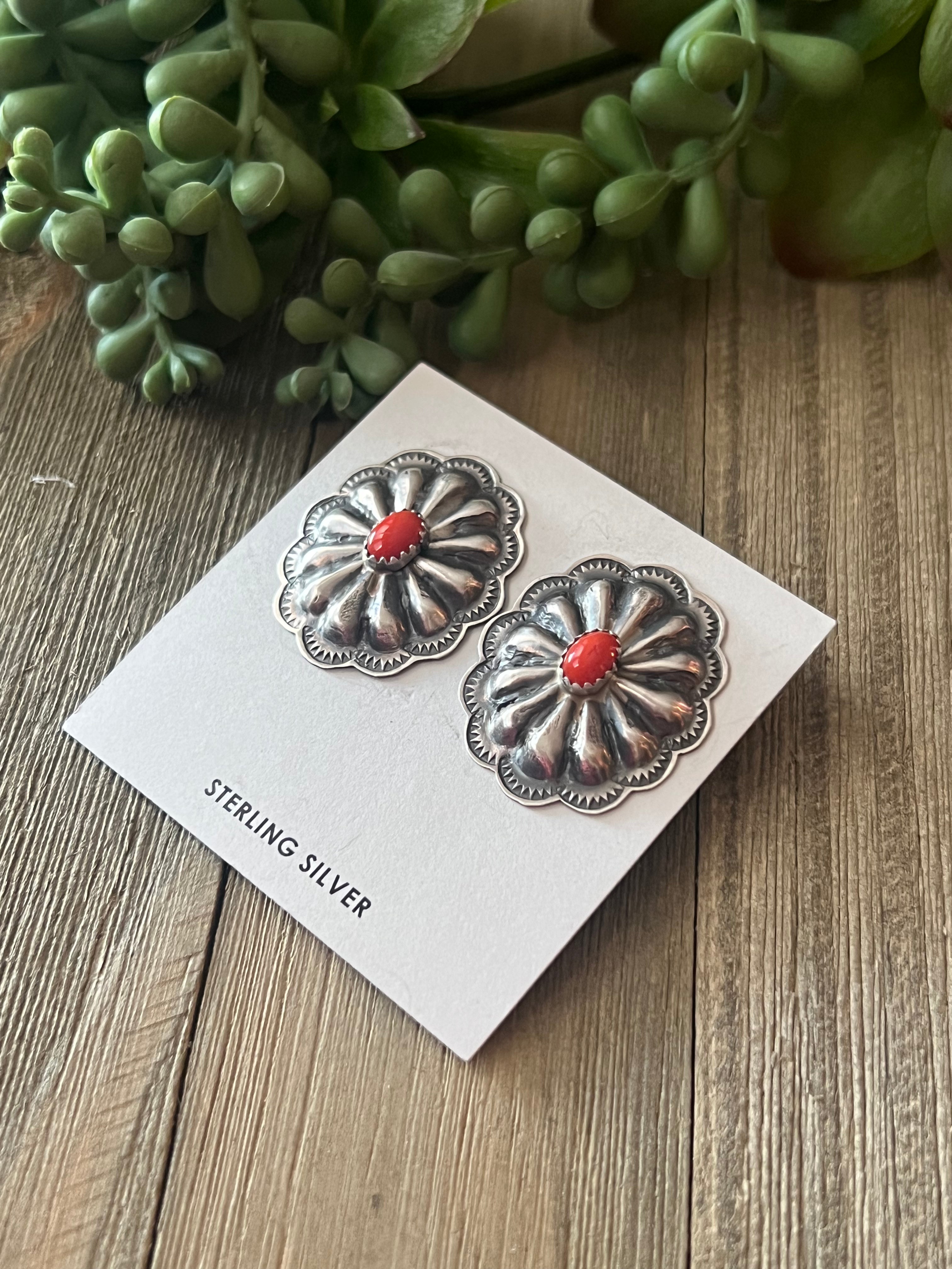 Rita Lee Coral & Sterling Silver Concho Post Earrings