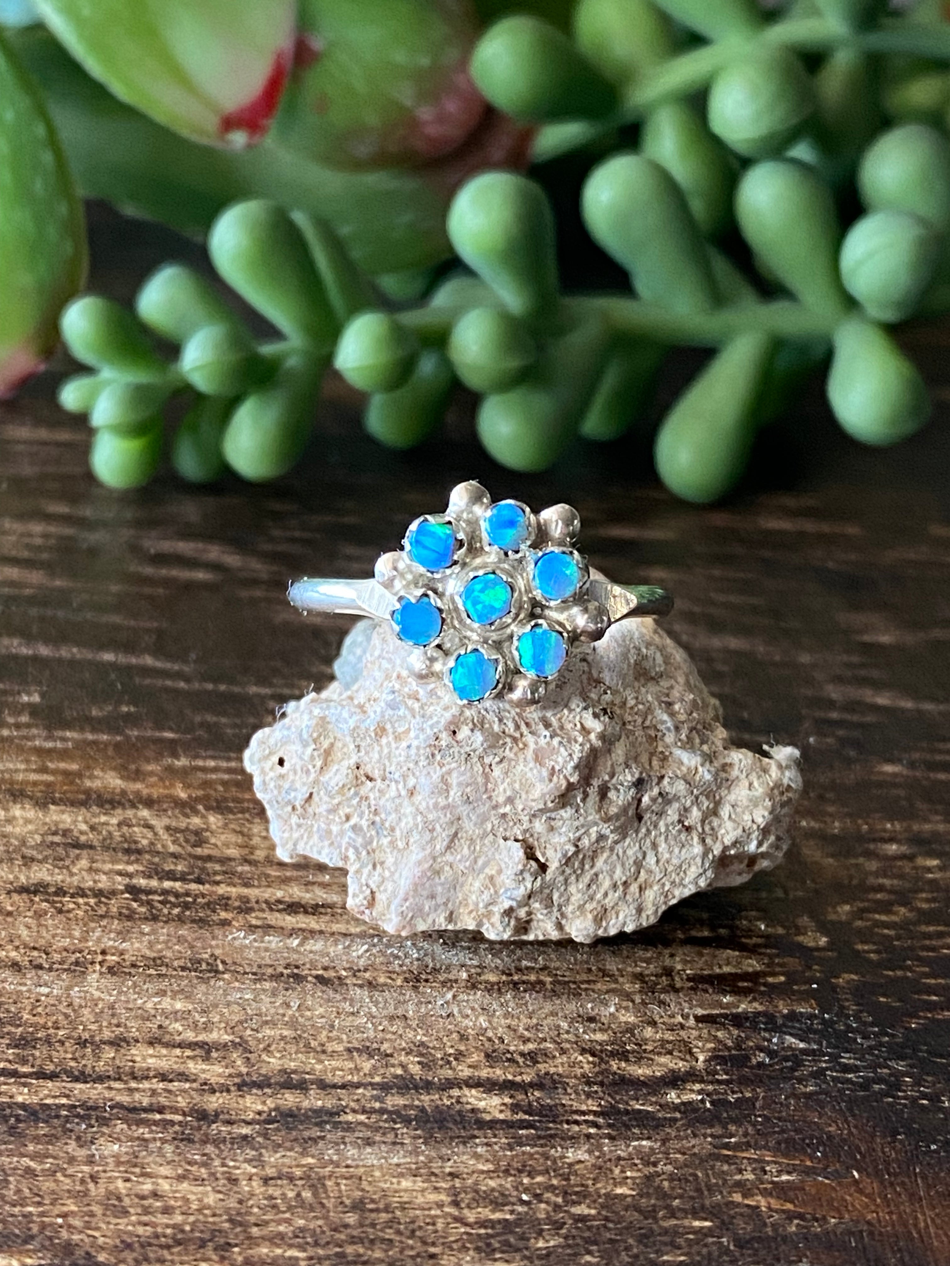 Zuni Made Blue Opal (Man-Made) & Sterling Silver Cluster Rings