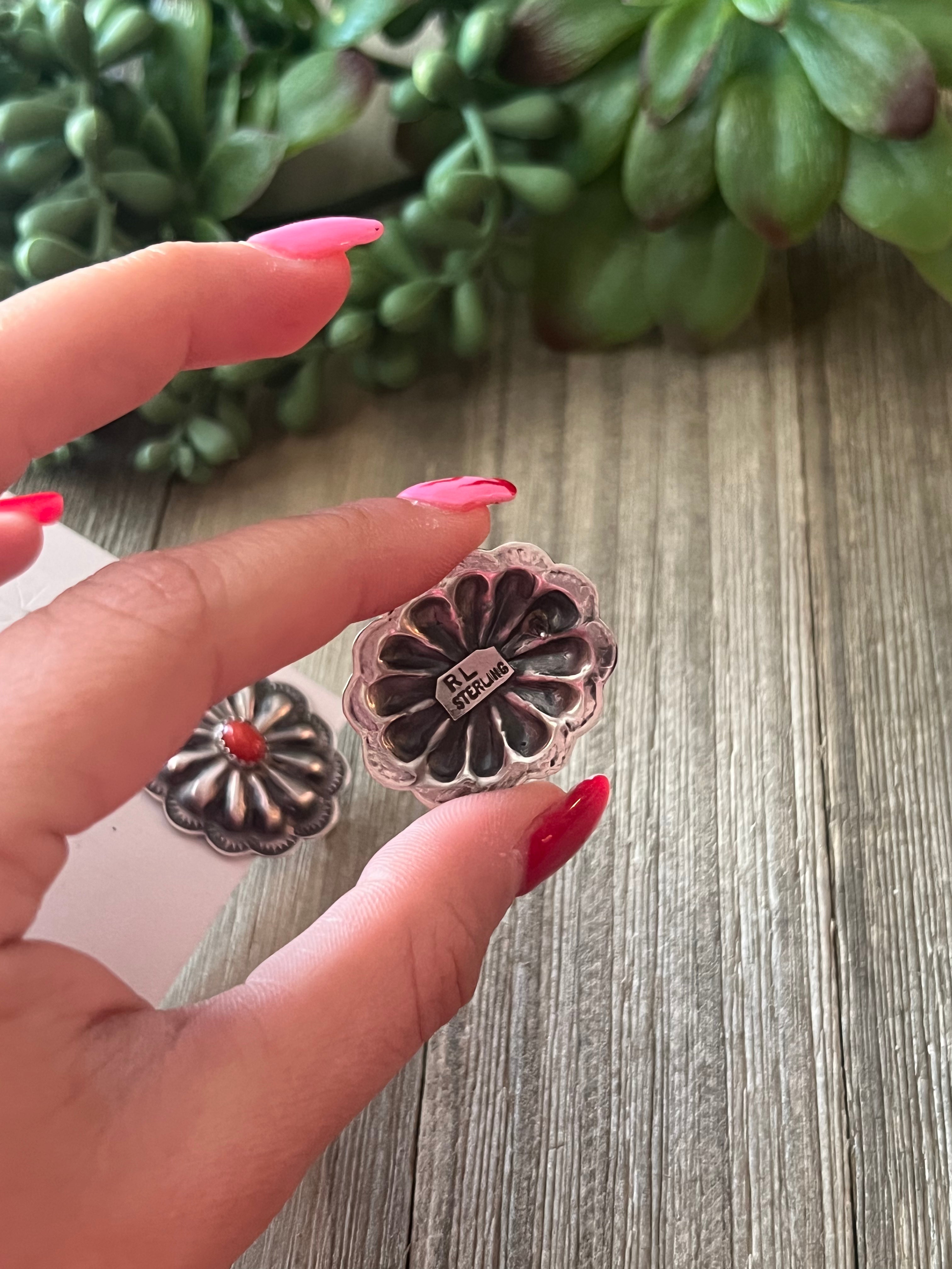 Rita Lee Coral & Sterling Silver Concho Post Earrings