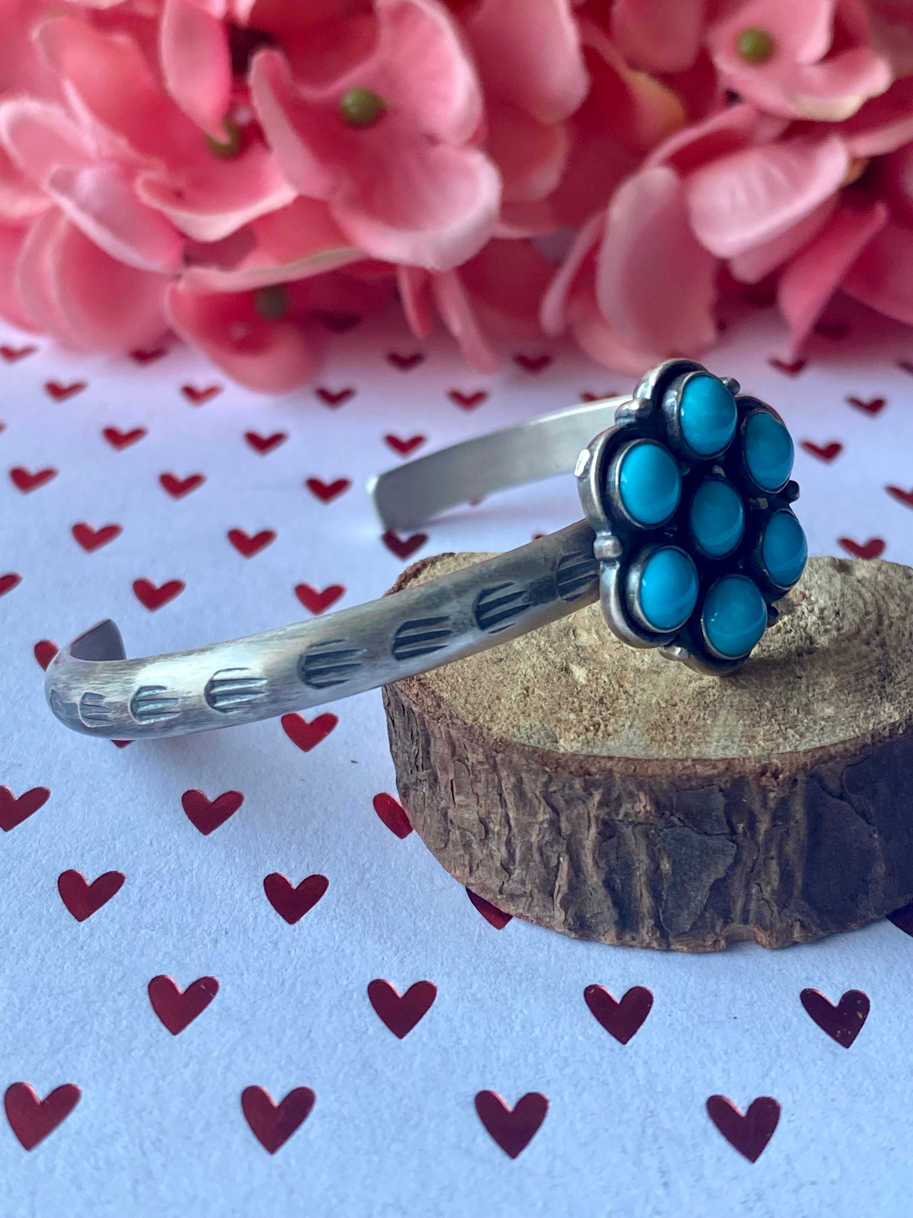 Navajo Made Turquoise & Sterling Silver Cluster Cuff Bracelet