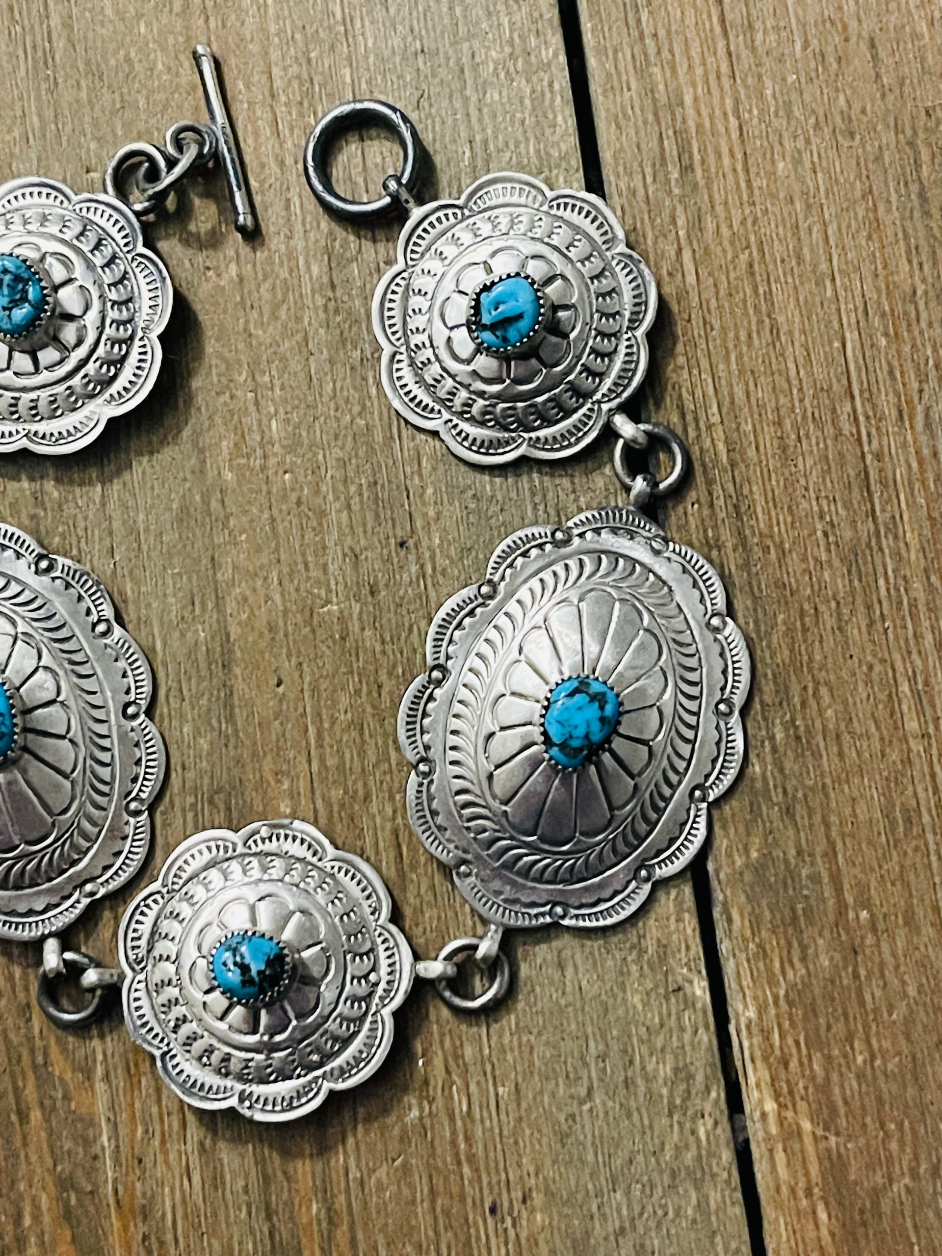 Bobby Francis Kingman Turquoise & Sterling Silver Concho Link Bracelet