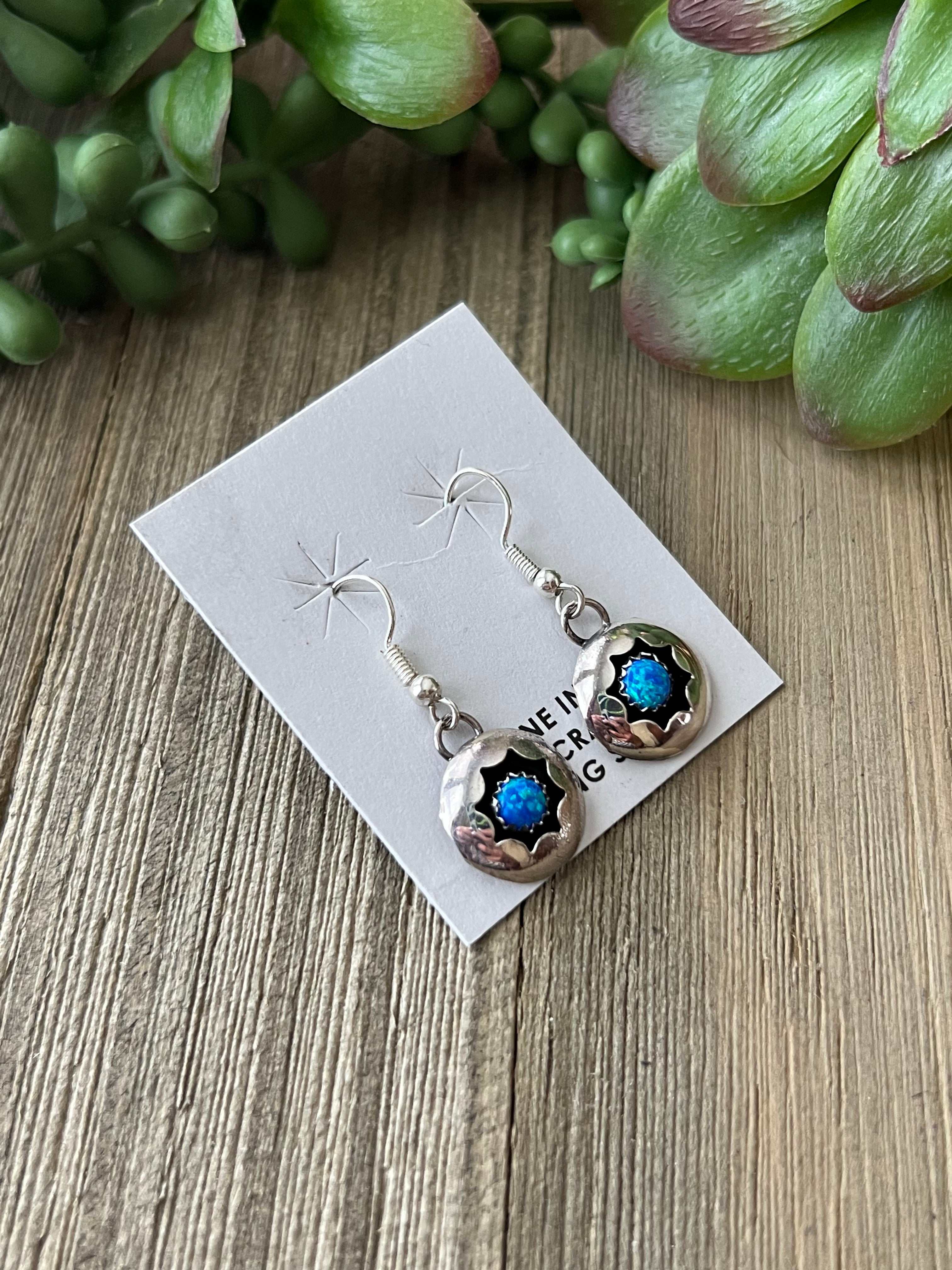 Navajo Made Blue Opal(Man-Made) & Sterling Silver Dangle Earrings