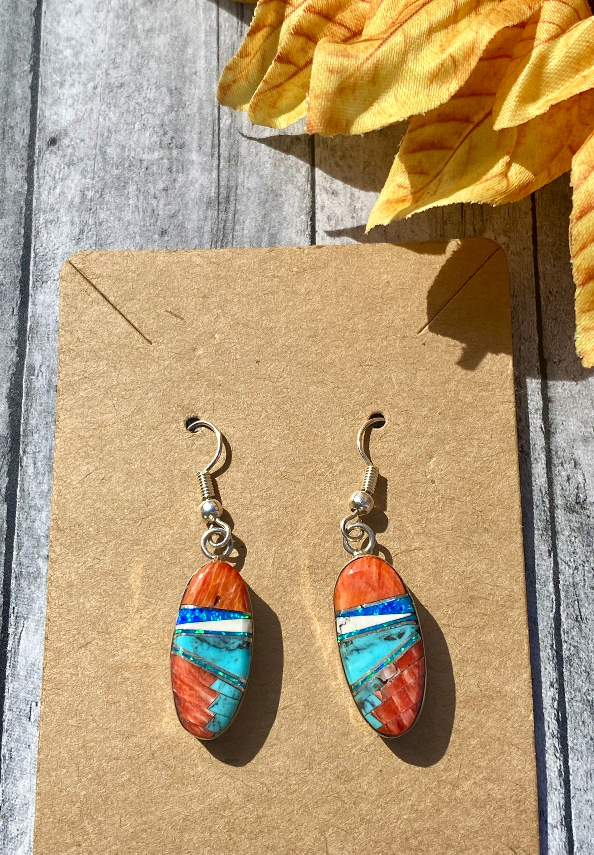 Navajo Made Multi Stone & Sterling Silver Inlay Dangle Earrings