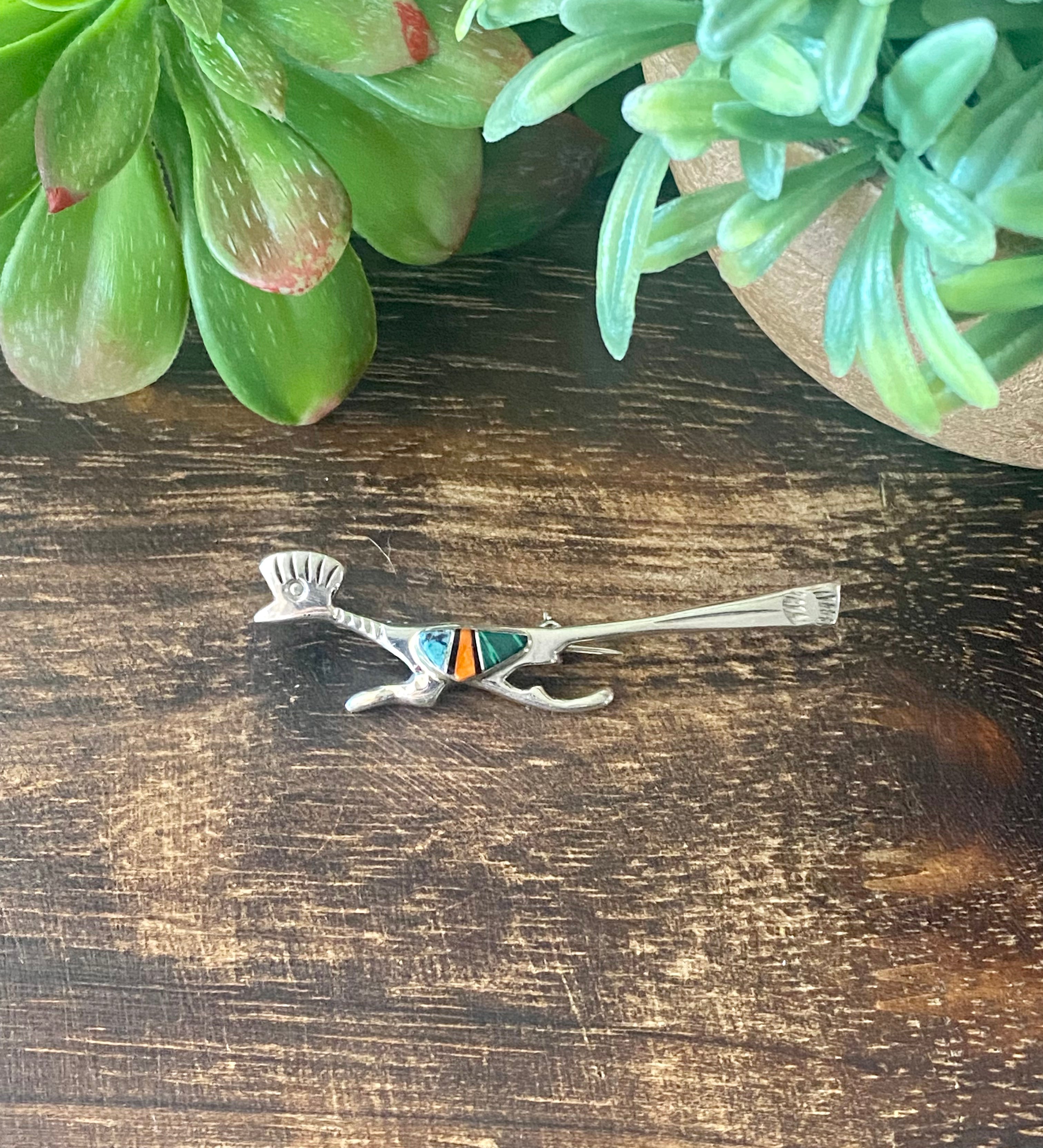 Navajo Made Multi Stone & Sterling Silver Inlay Roadrunner Pin