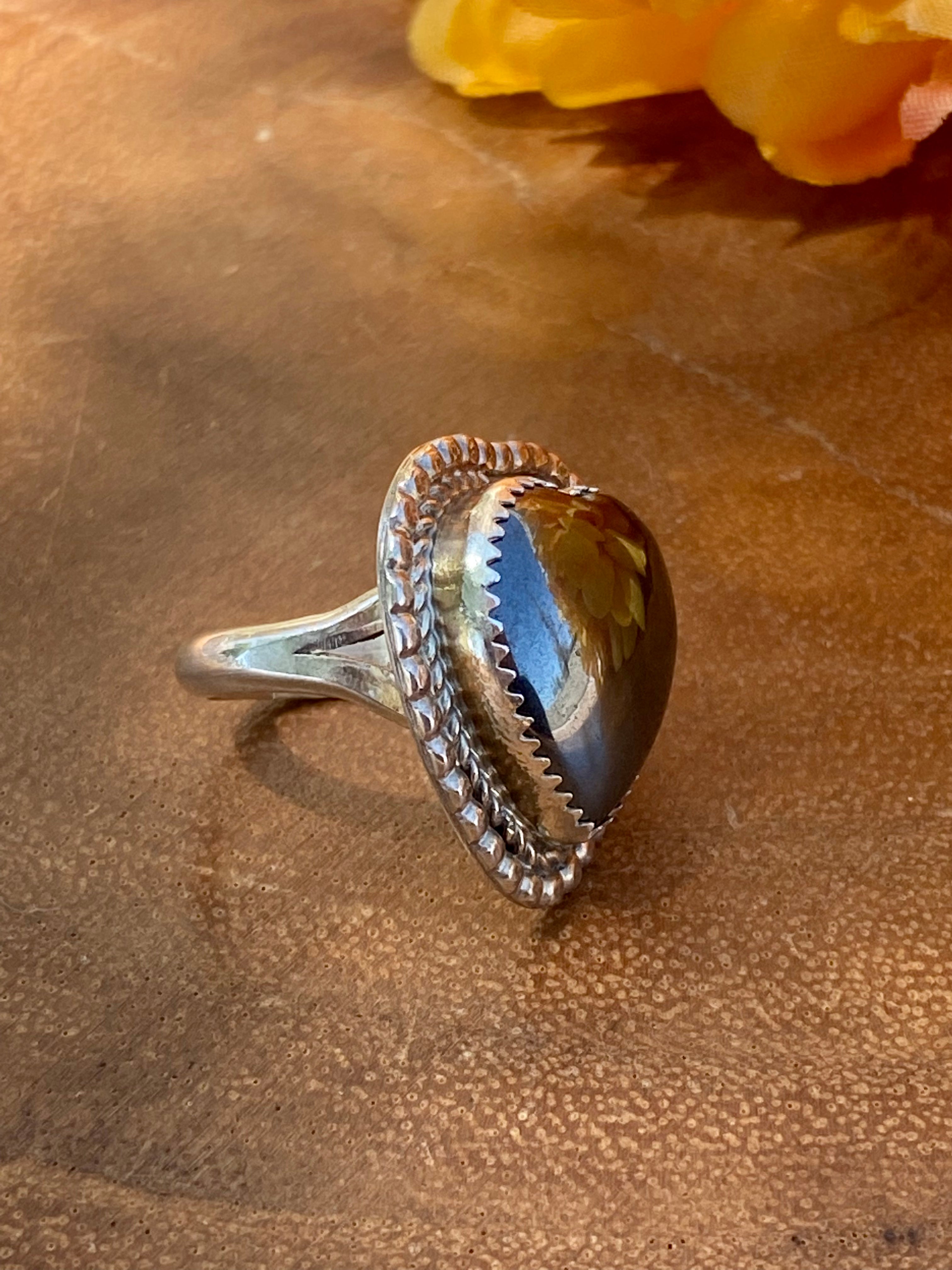 Reda Galvan Black Obsidian & Sterling Silver Heart Ring Size 5.75