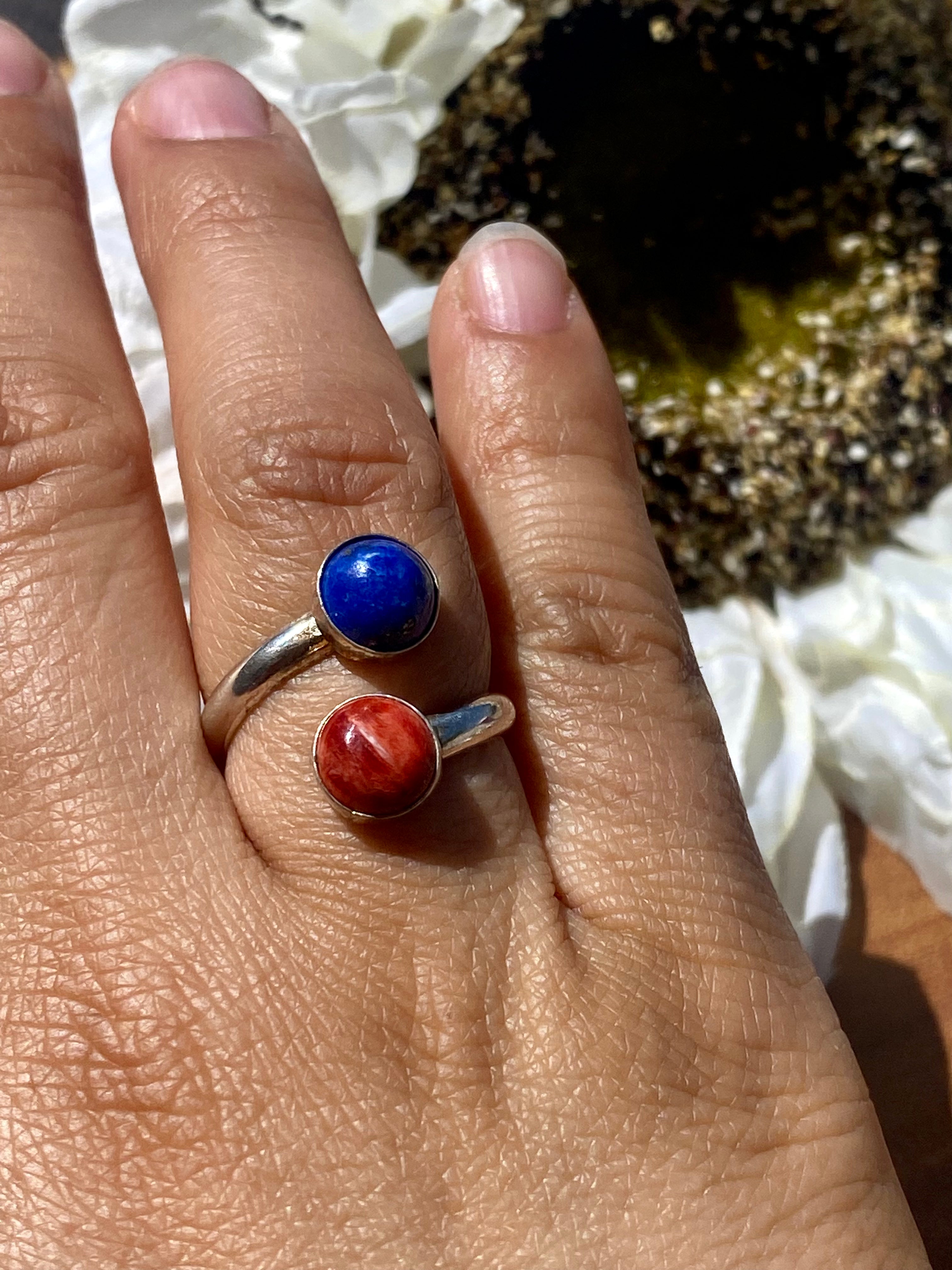 Dorothy Yazzie Lapis & Spiny Oyster Sterling Silver Adjustable Ring Size 7