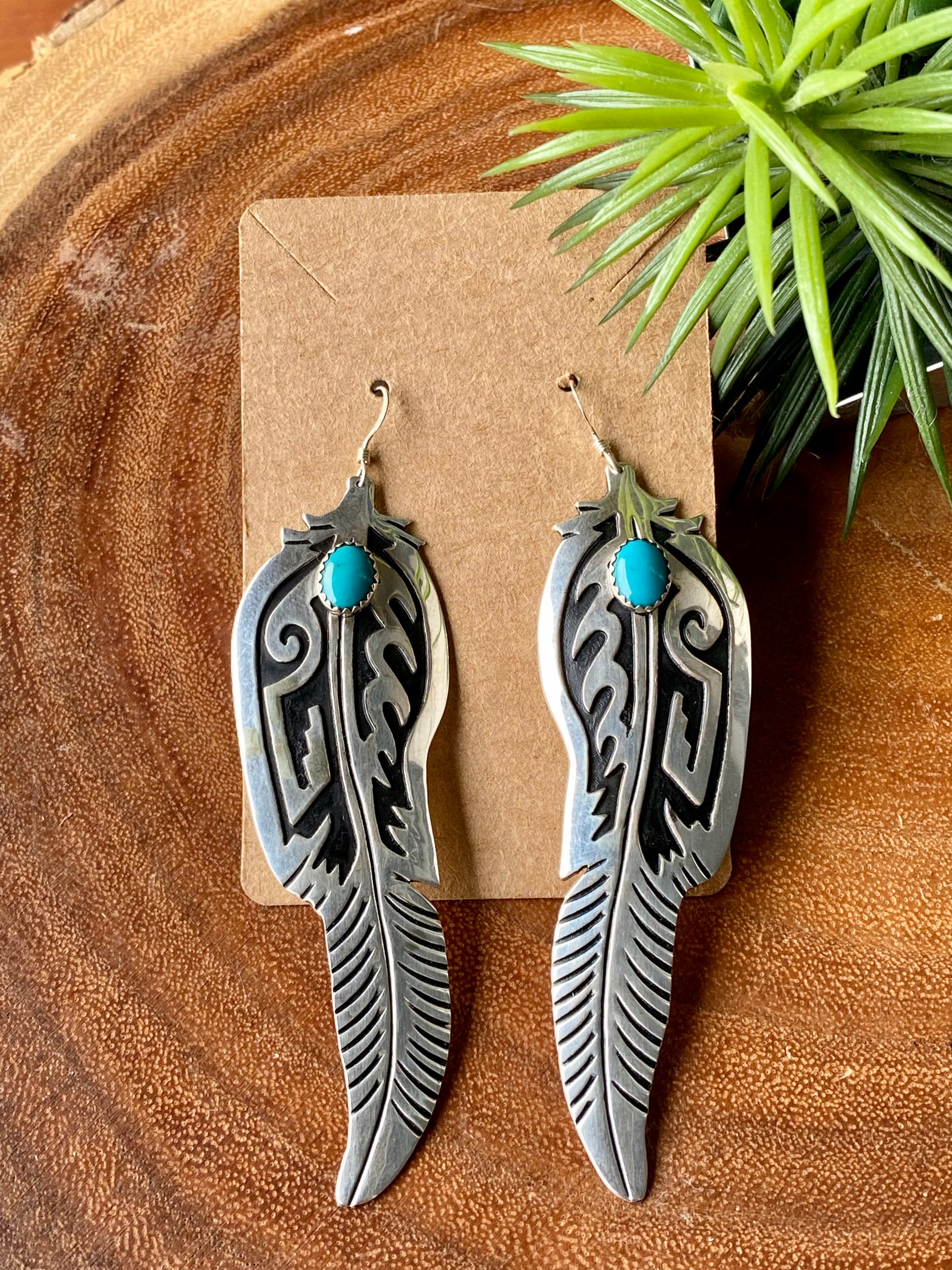 Tom and Rose Singer Kingman Turquoise & Sterling Silver Feather Dangle Earrings