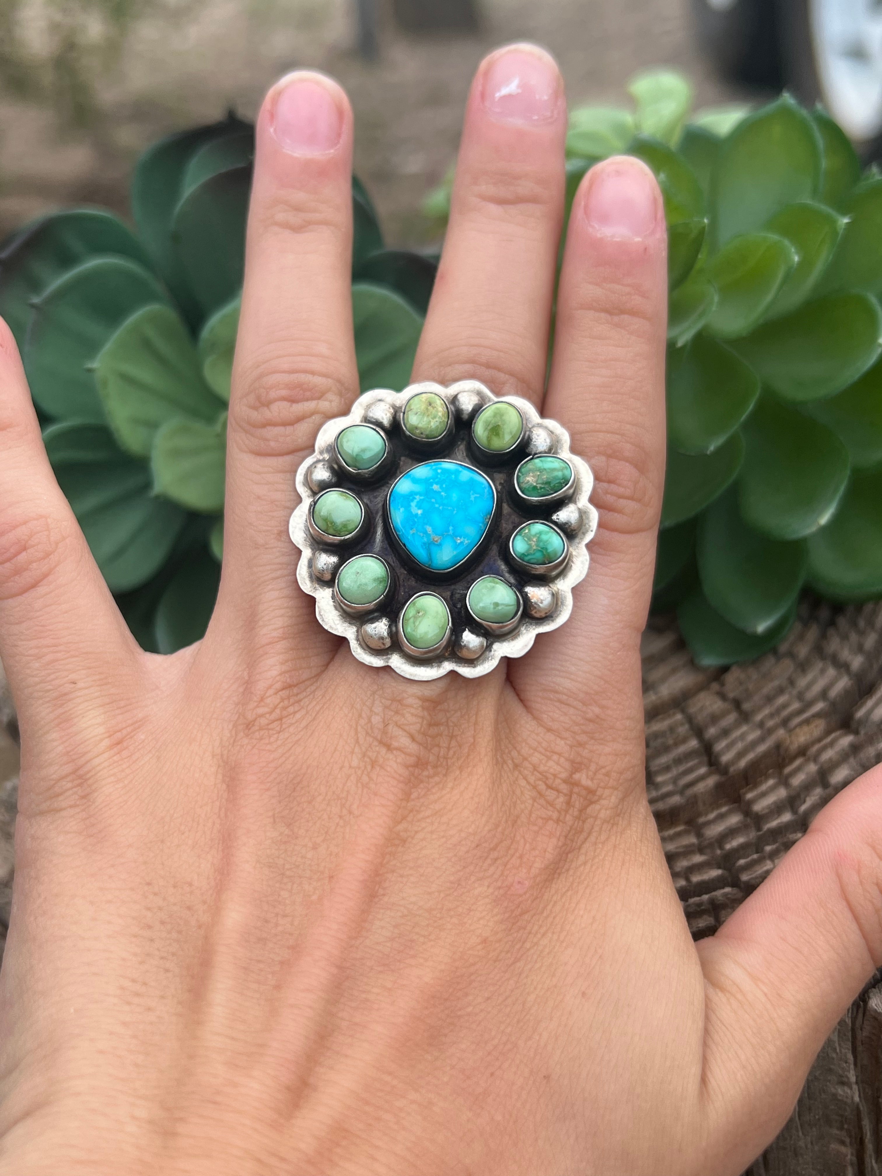 Benjamin Becenti Golden Hill Turquoise & Sonoran Gold Turquoise Sterling Silver Cluster Ring Size 7.5