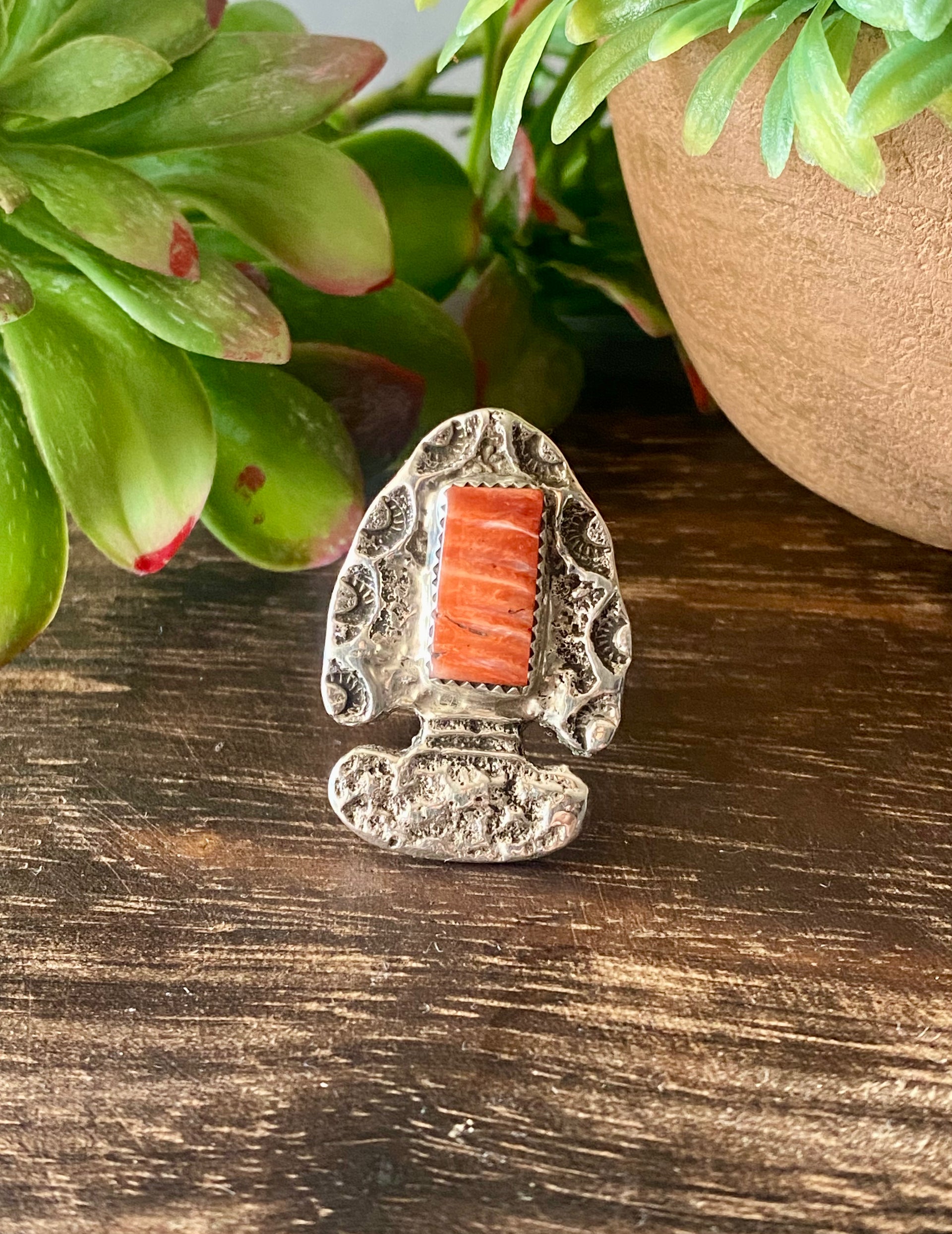 Delbert Arviso Spiny Oyster & Sterling Silver Ring Size 8.25