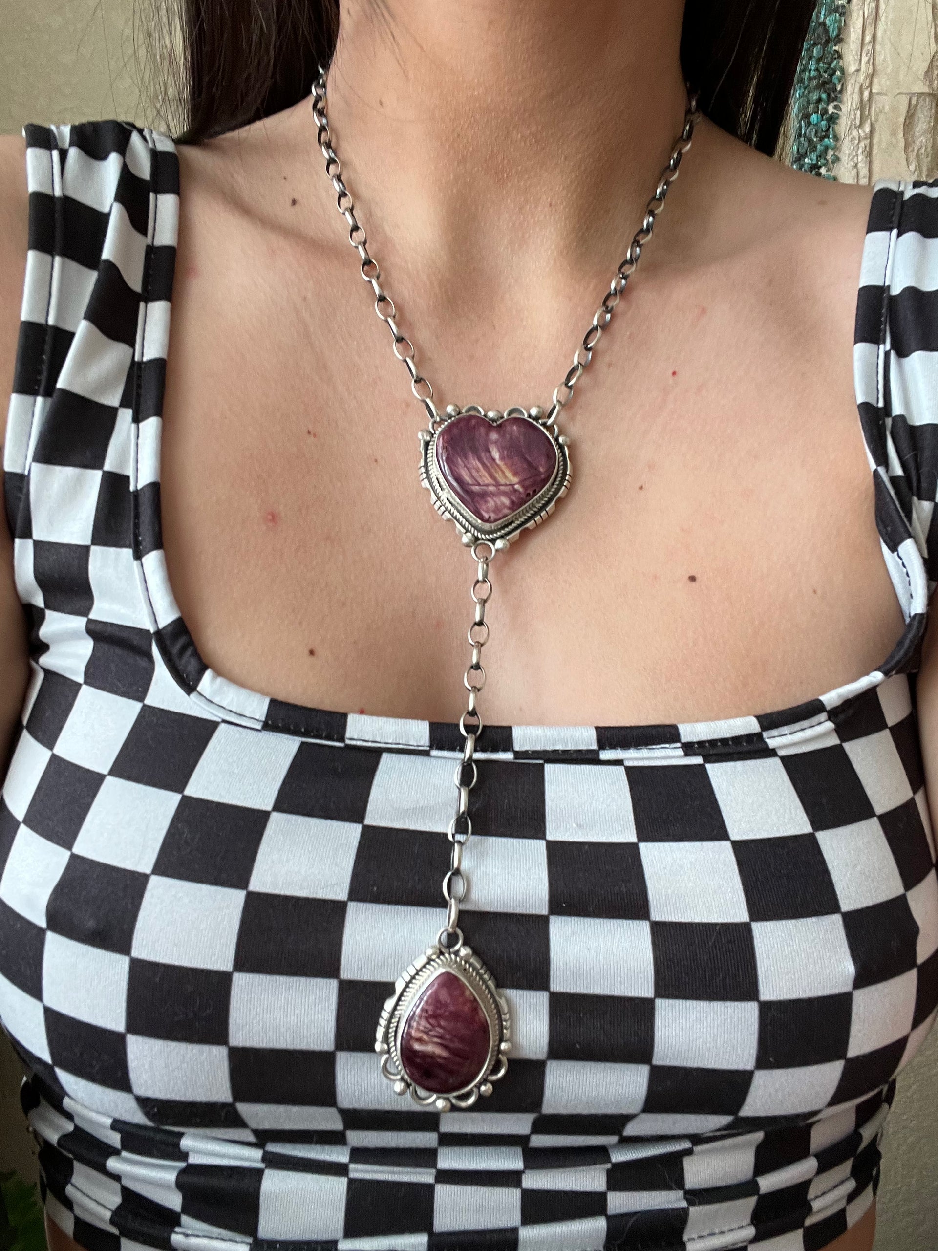 Navajo Made Purple Spiny Oyster & Sterling Silver Lariat Necklace