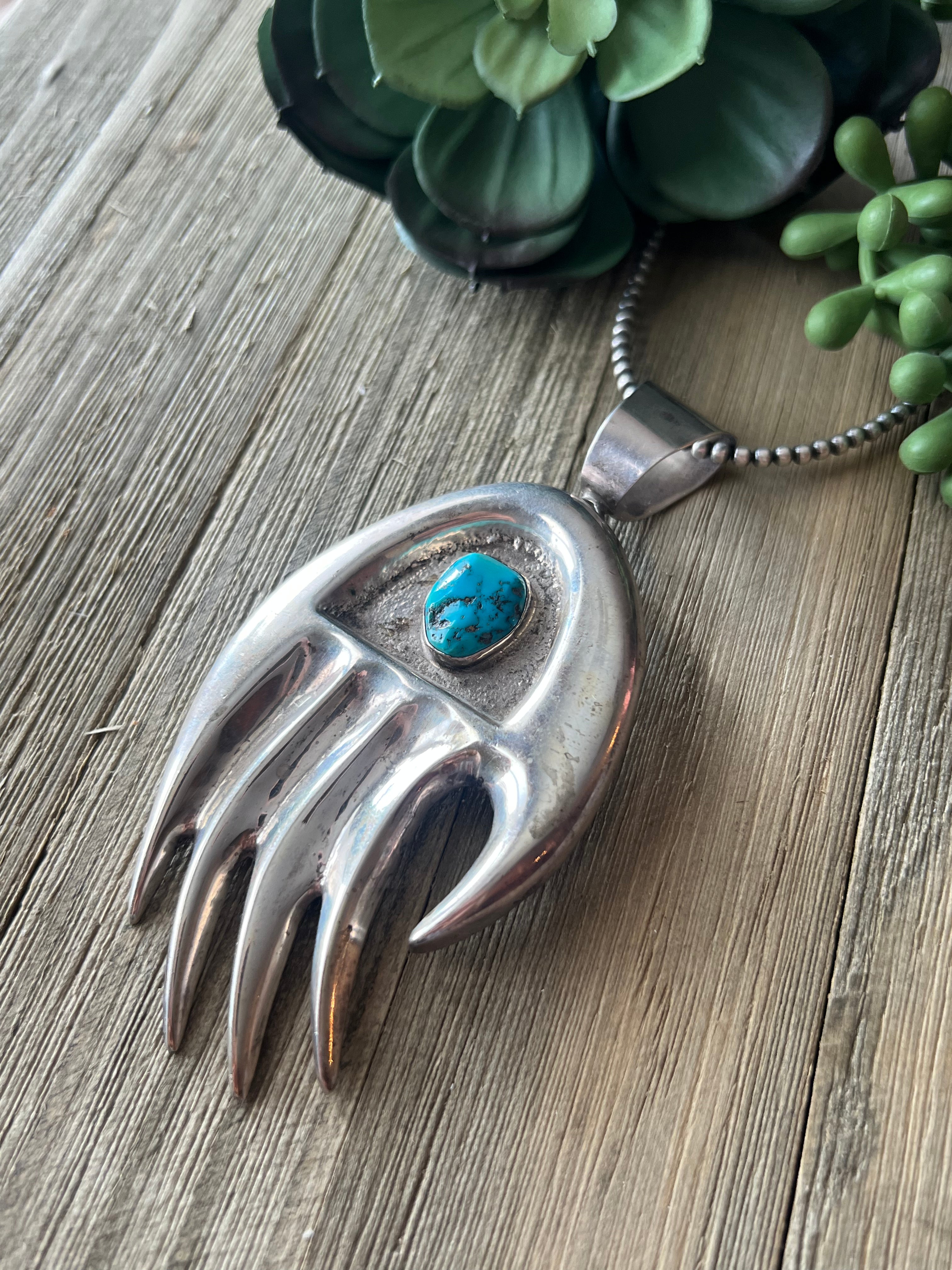 Navajo Made Kingman Turquoise & Sterling Silver Claw Pendant