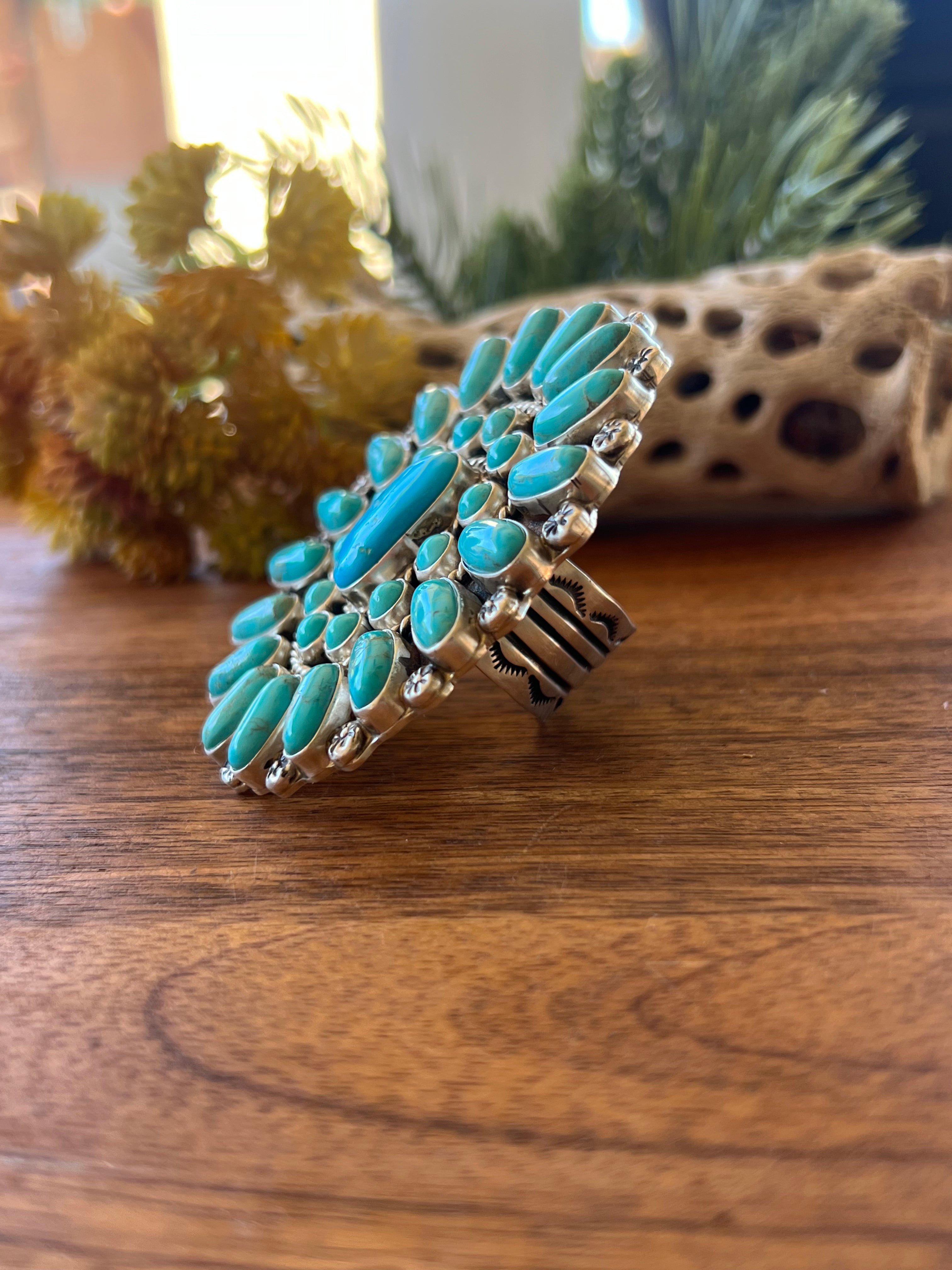 C. Yazzie Kingman Turquoise & Sterling Silver Cluster Ring Size 11