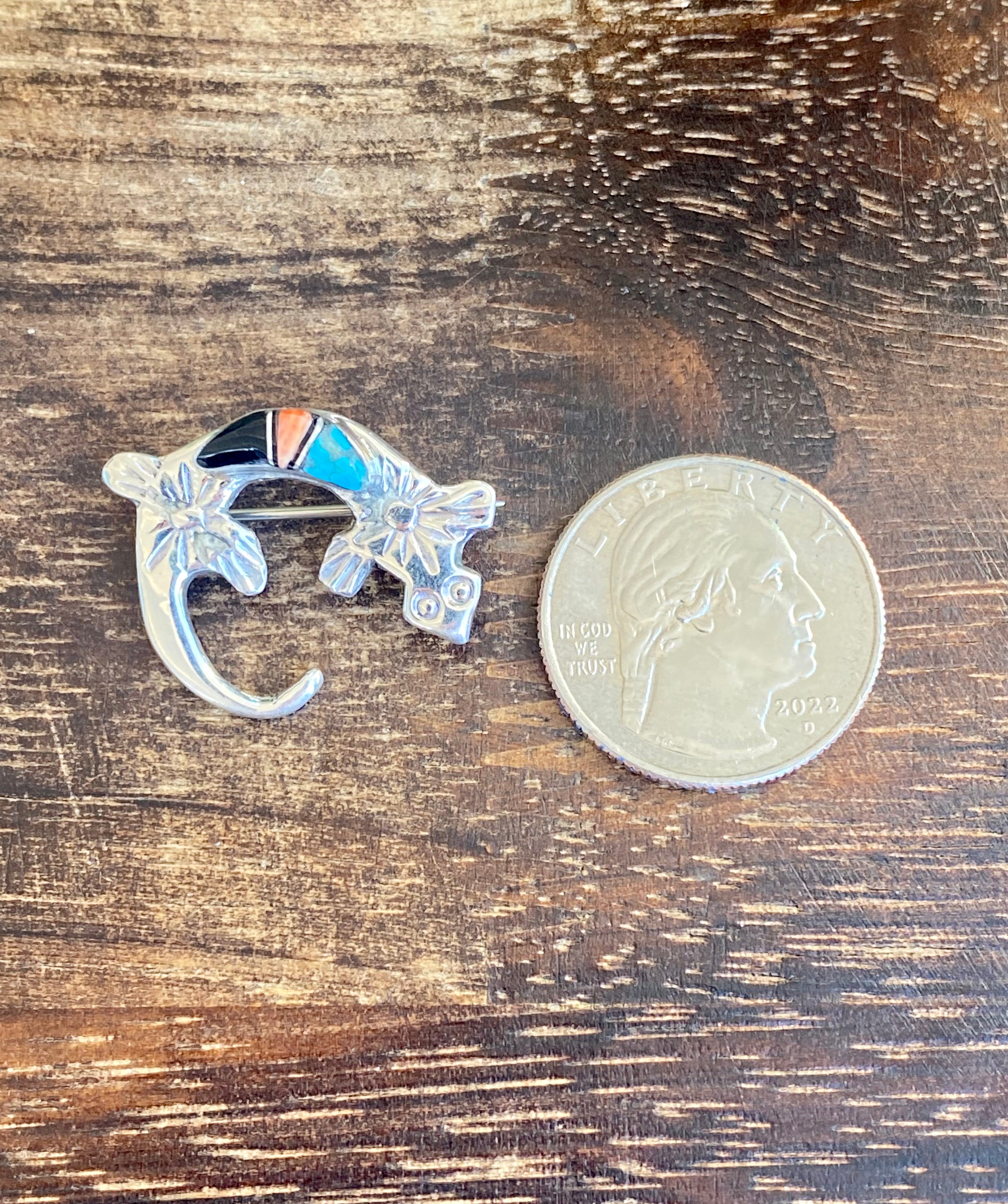 Navajo Made Multi Stone & Sterling Silver Inlay Lizard Pin