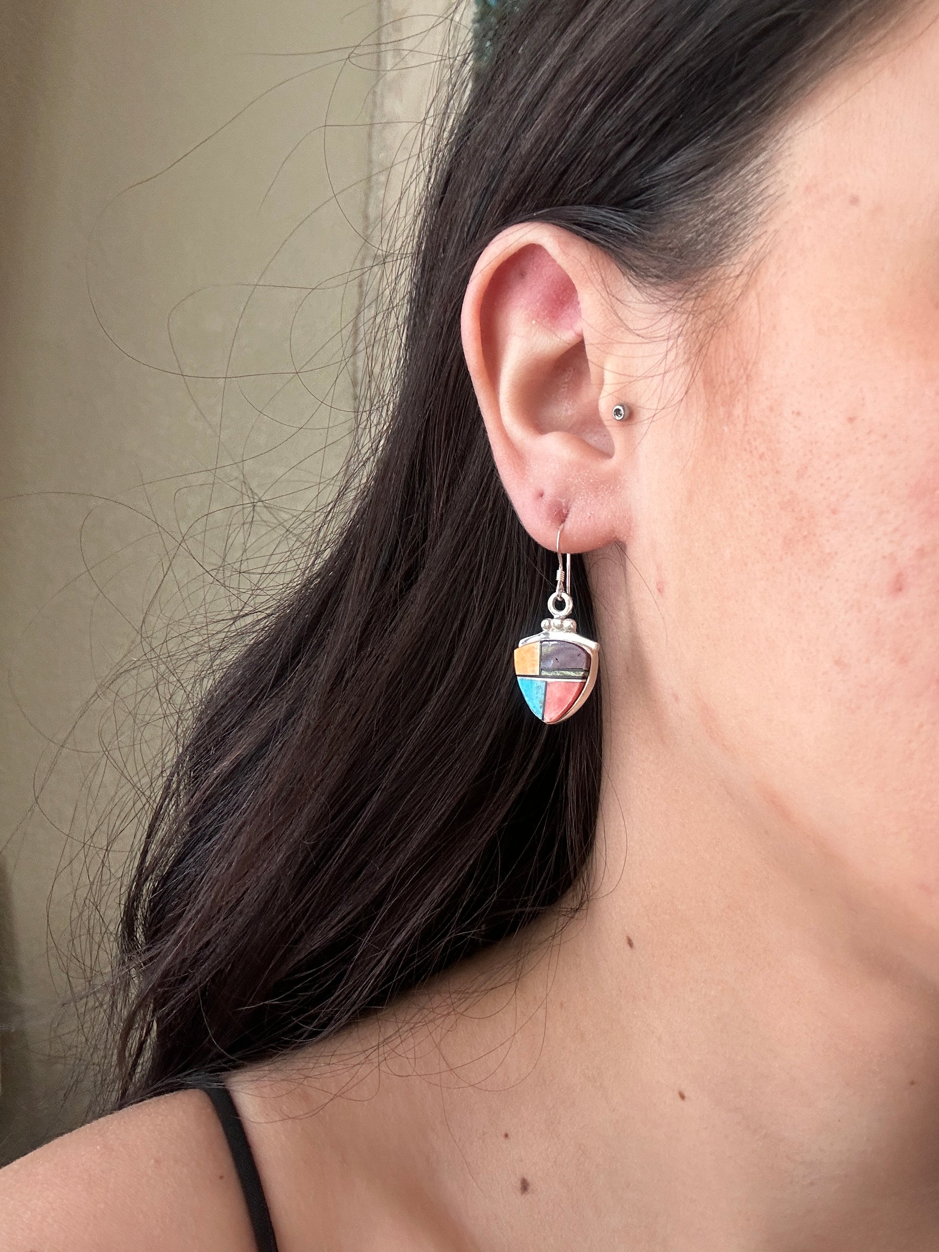 Navajo Made Multi Stone & Sterling Silver Inlay Dangle Earrings