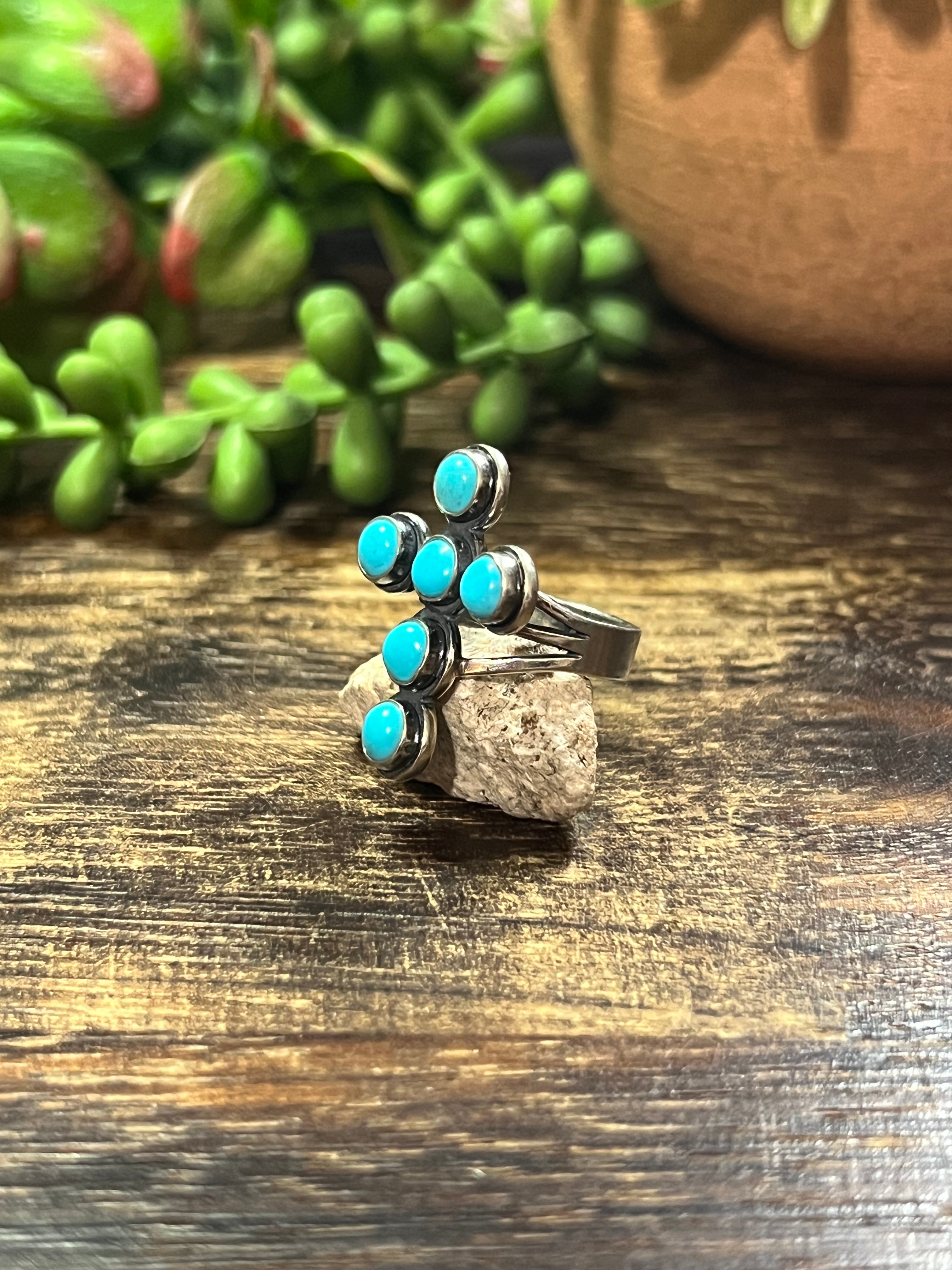 Navajo Made Kingman Turquoise & Sterling Silver Cross Ring