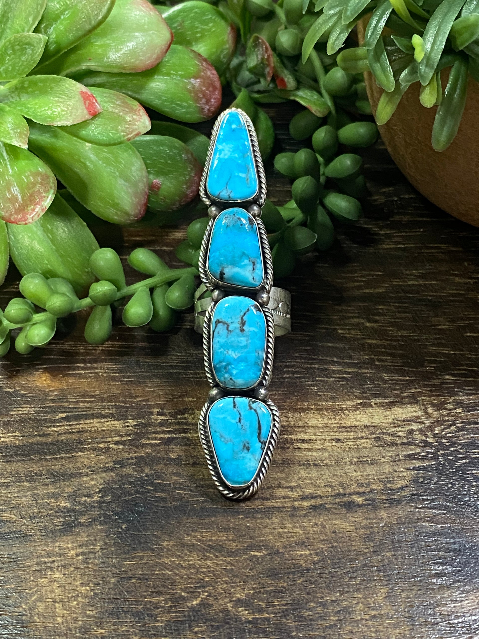 Navajo Made Kingman Turquoise & Sterling Silver Adjustable Ring Size 8.5
