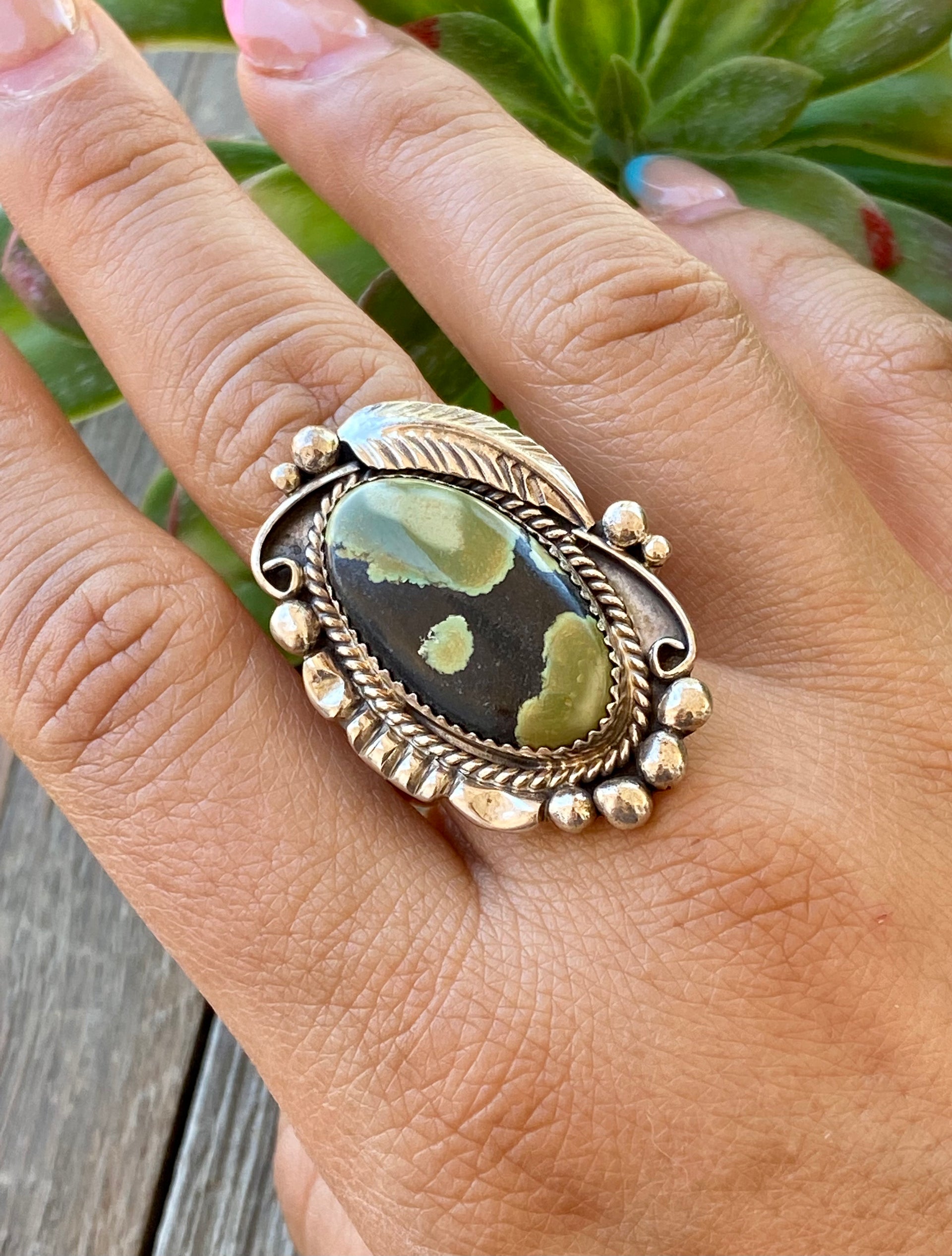 Navajo Made Hubei Turquoise & Sterling Silver Ring Size 12.5