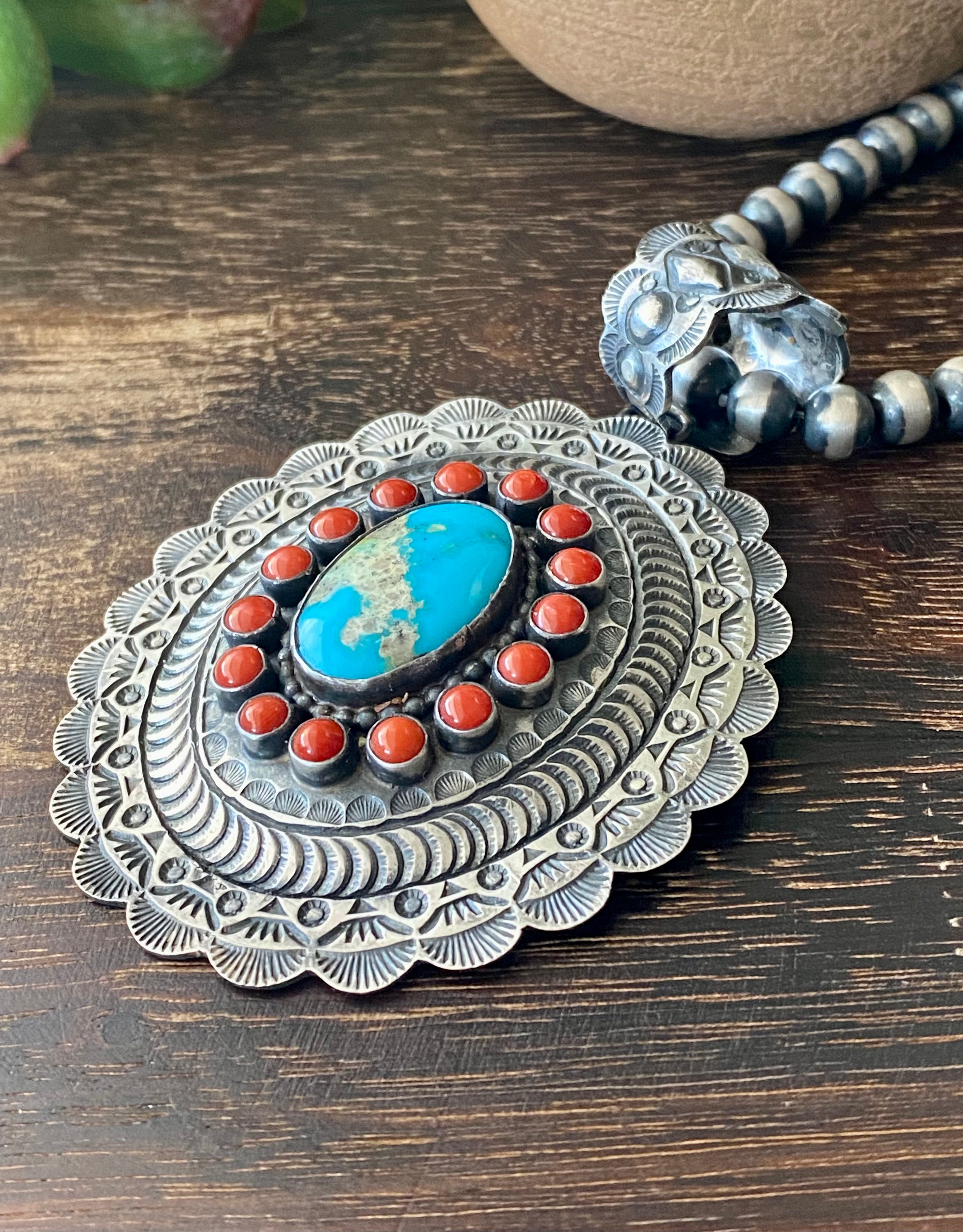 Shawn Cayatineto Kingman Turquoise & Coral Sterling Silver Pendant