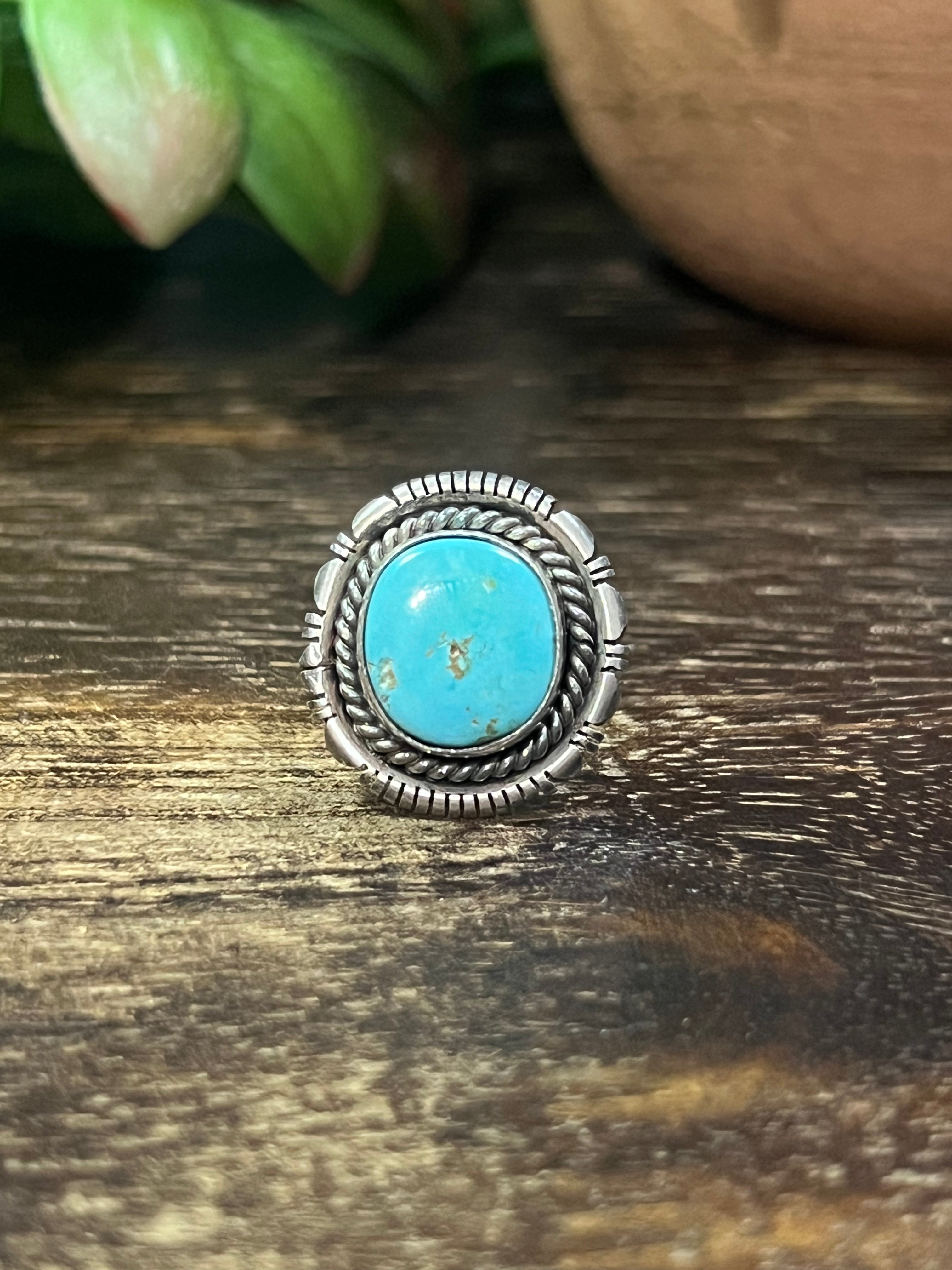 Navajo Made Kingman Turquoise & Sterling Silver Ring Size 8