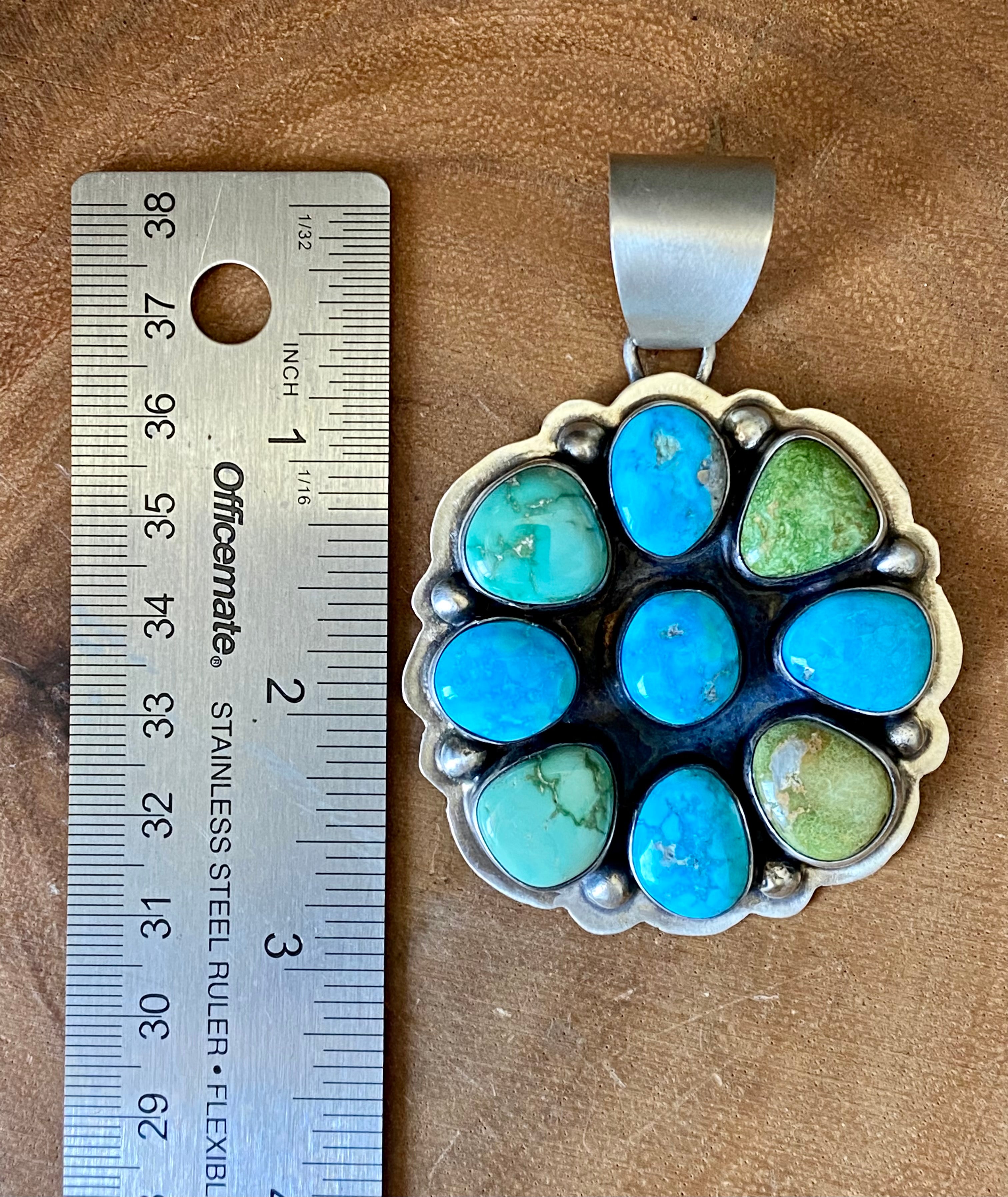 Benjamin Becenti Golden Hill’s & Sonoran Gold Turquoise Sterling Silver Cluster Pendant