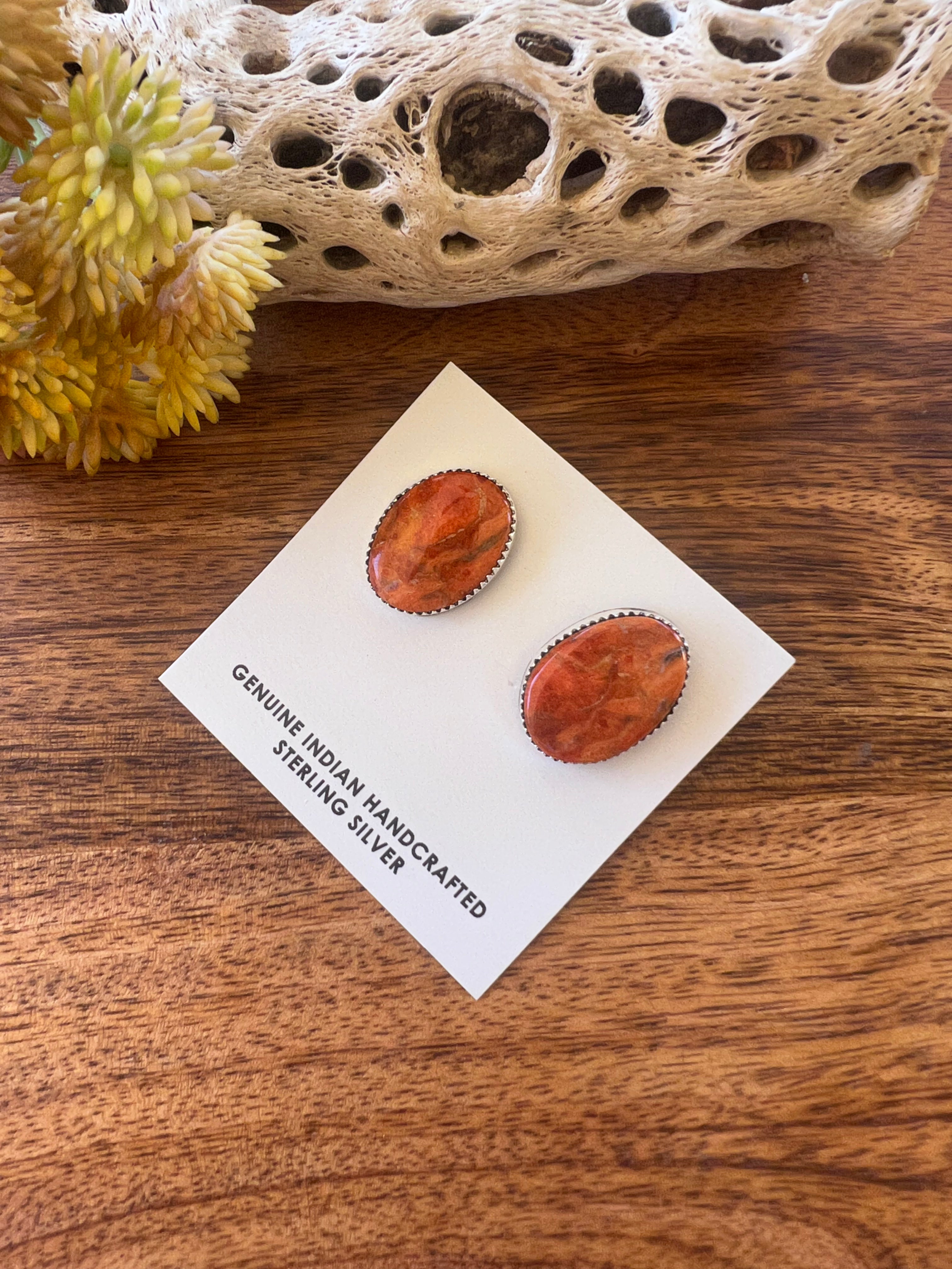 Navajo Made Apple Coral & Sterling Silver Post Earrings