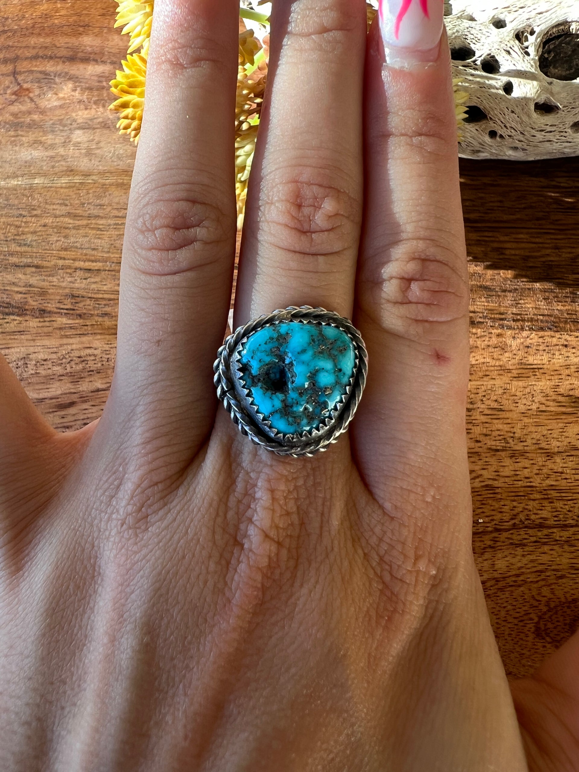 Eli Skeets Kingman Turquoise & Sterling Silver Ring Size 9