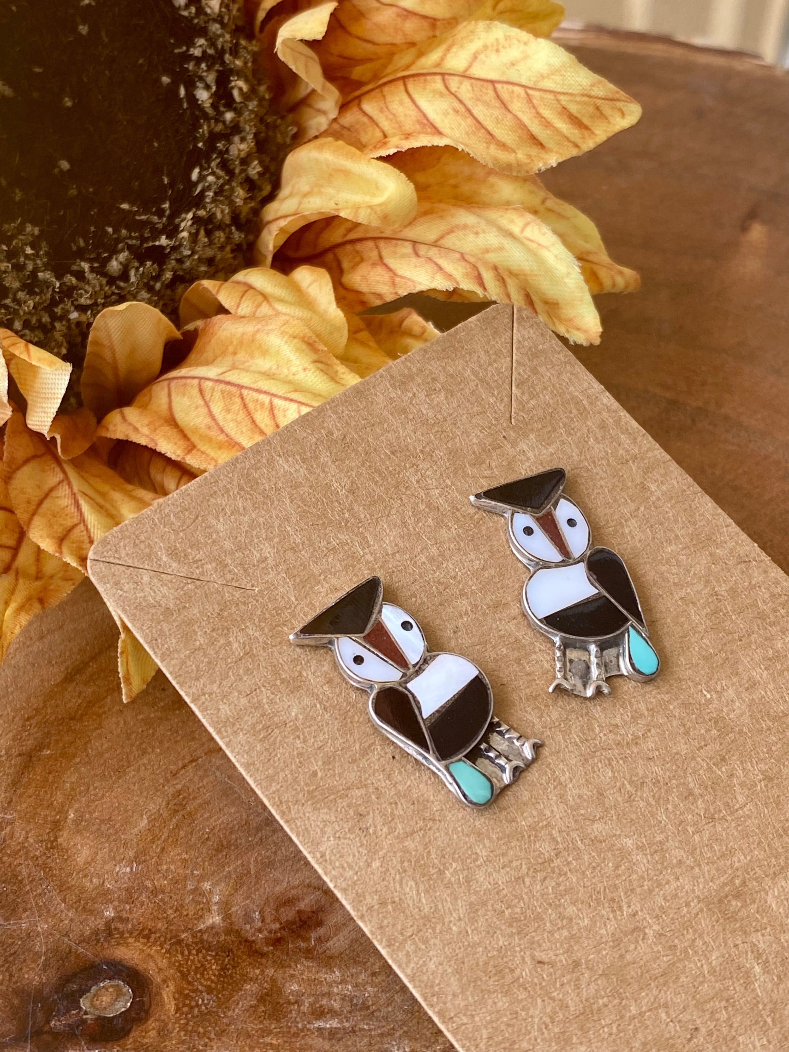 Zuni Multi Stone & Sterling Silver Inlay Owl Post Earrings