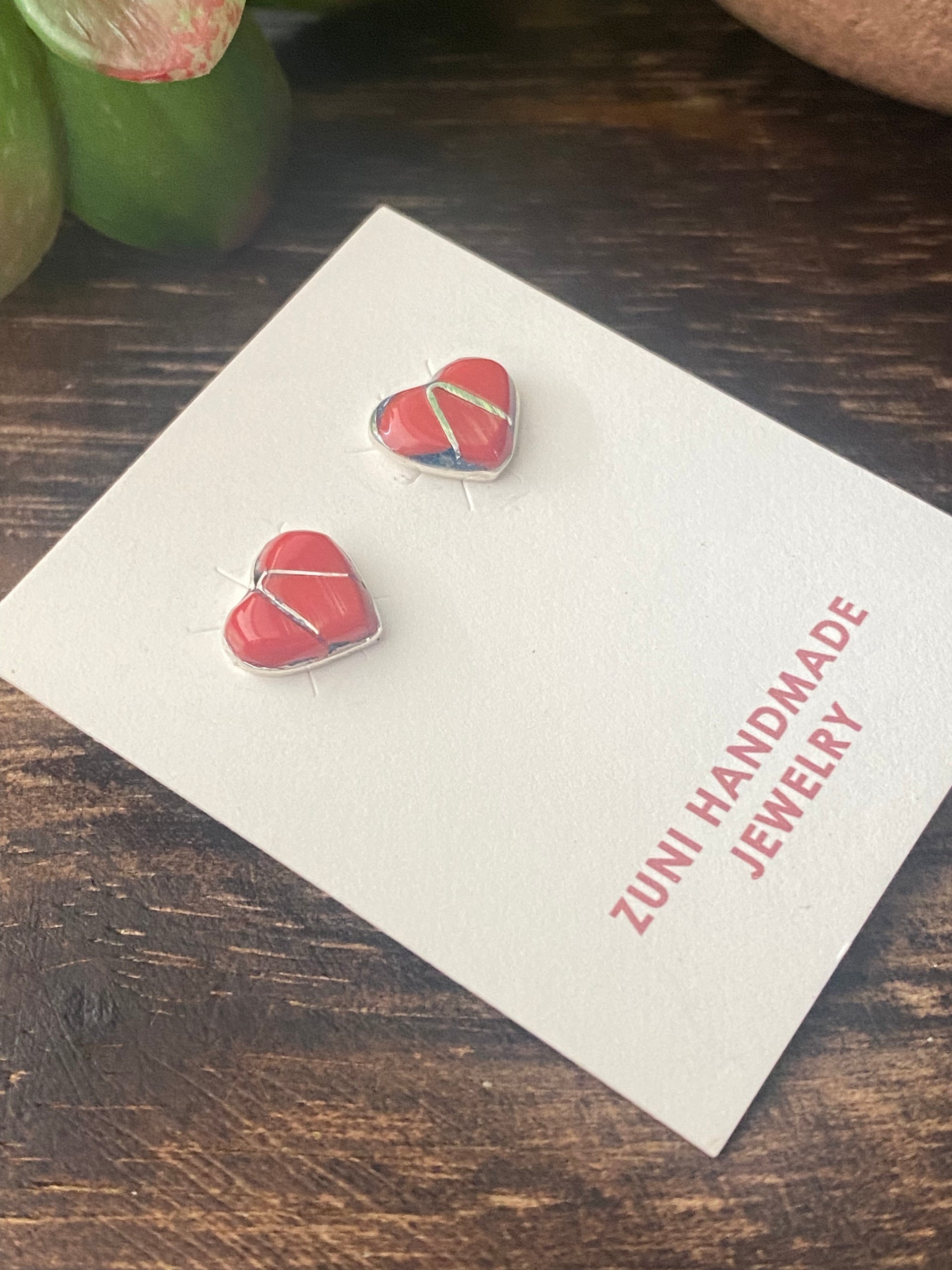 Karen Lalio Coral & Sterling Silver Inlay Heart Post Earrings