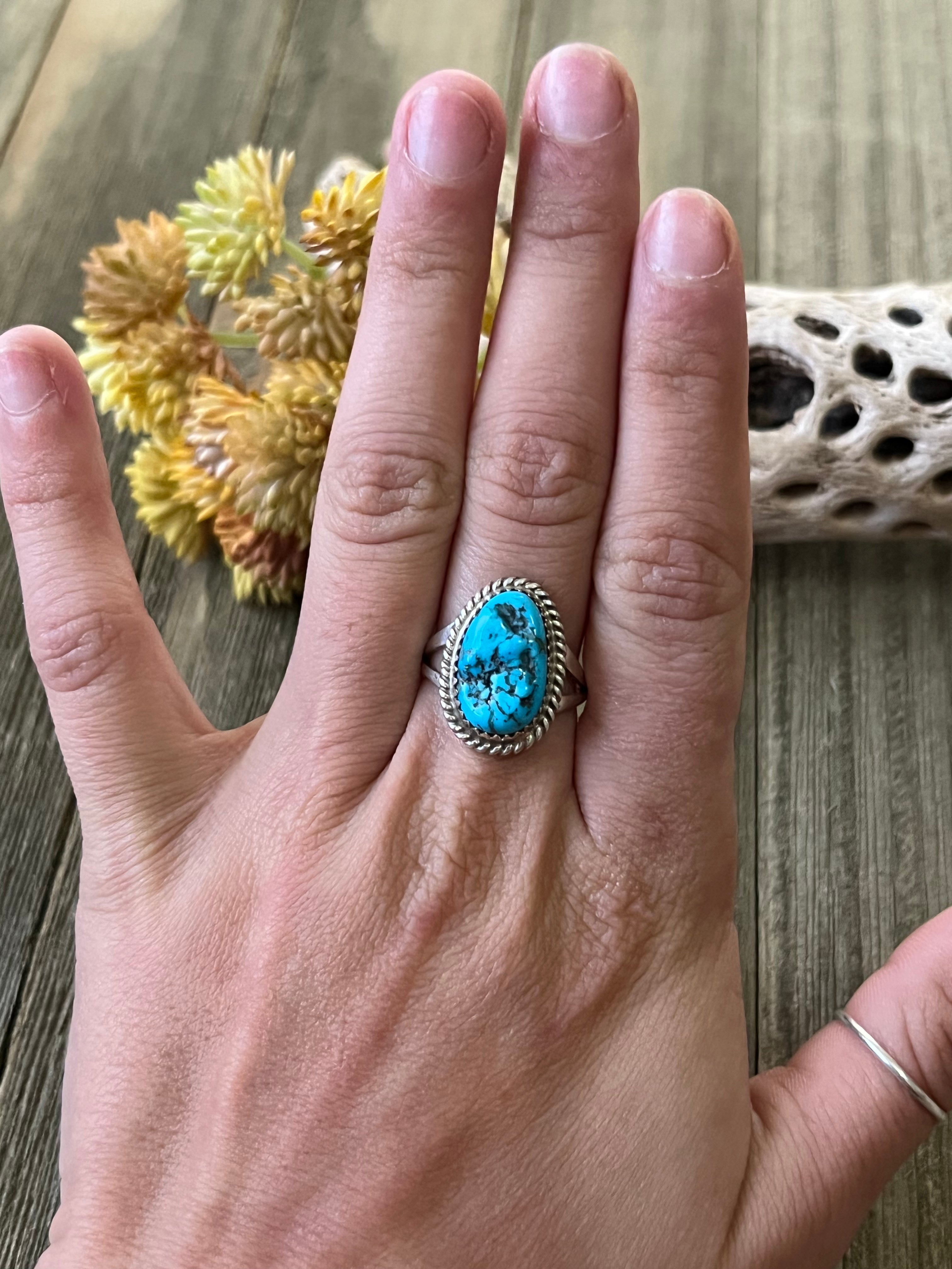 Navajo Made Kingman Turquoise & Sterling Silver Ring Size 7.75