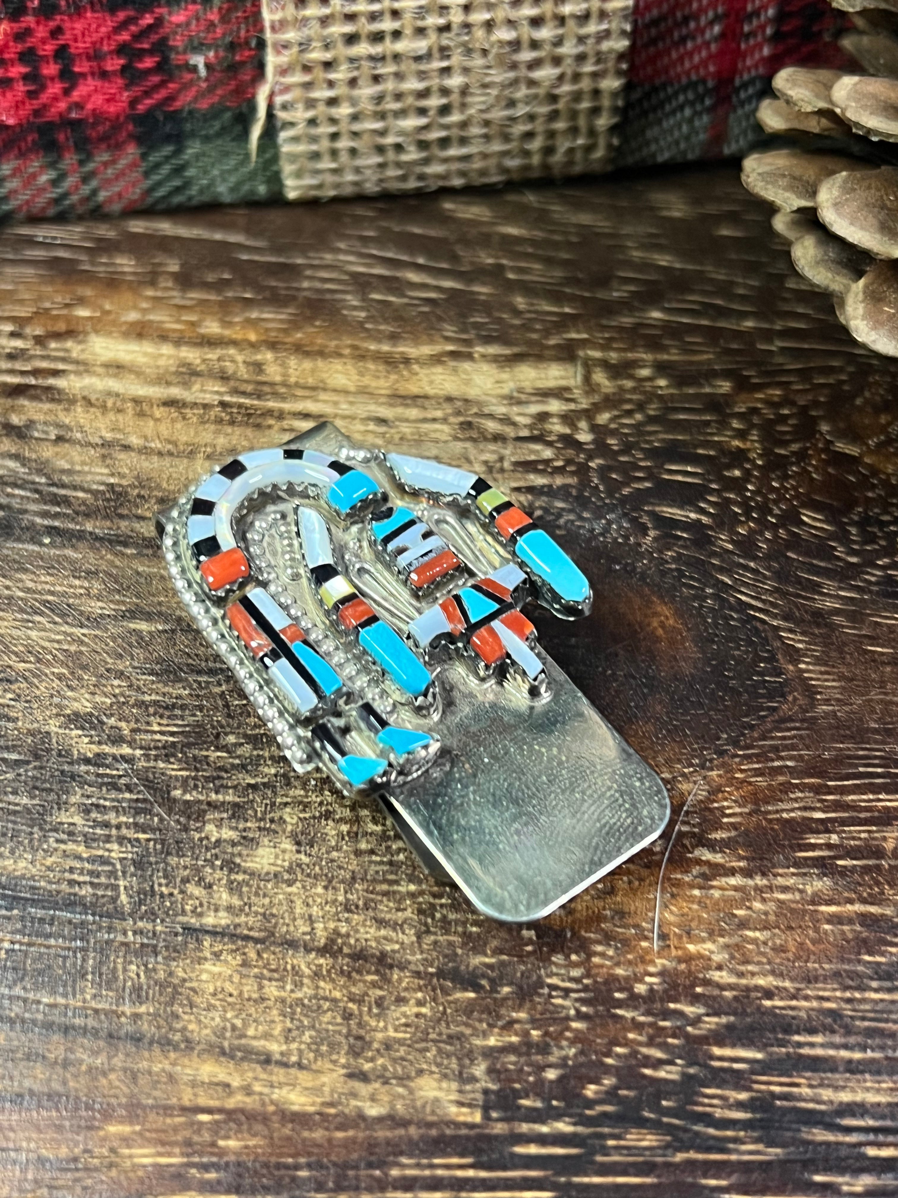 Navajo Made Multi Stone & Sterling Silver Inlay Money Clip