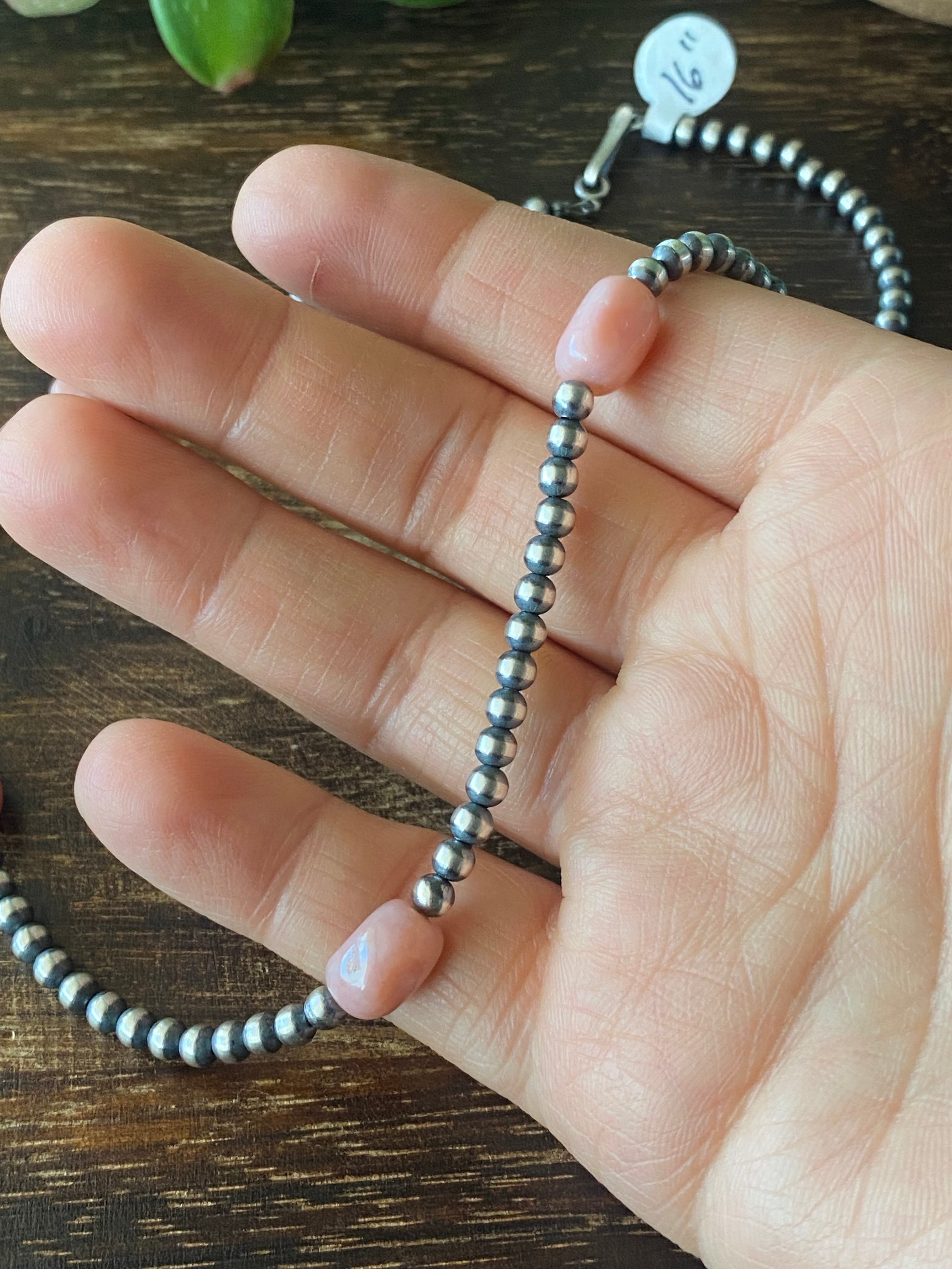 Navajo Made Pink Conch & Sterling Silver 4MM Pearl Necklace