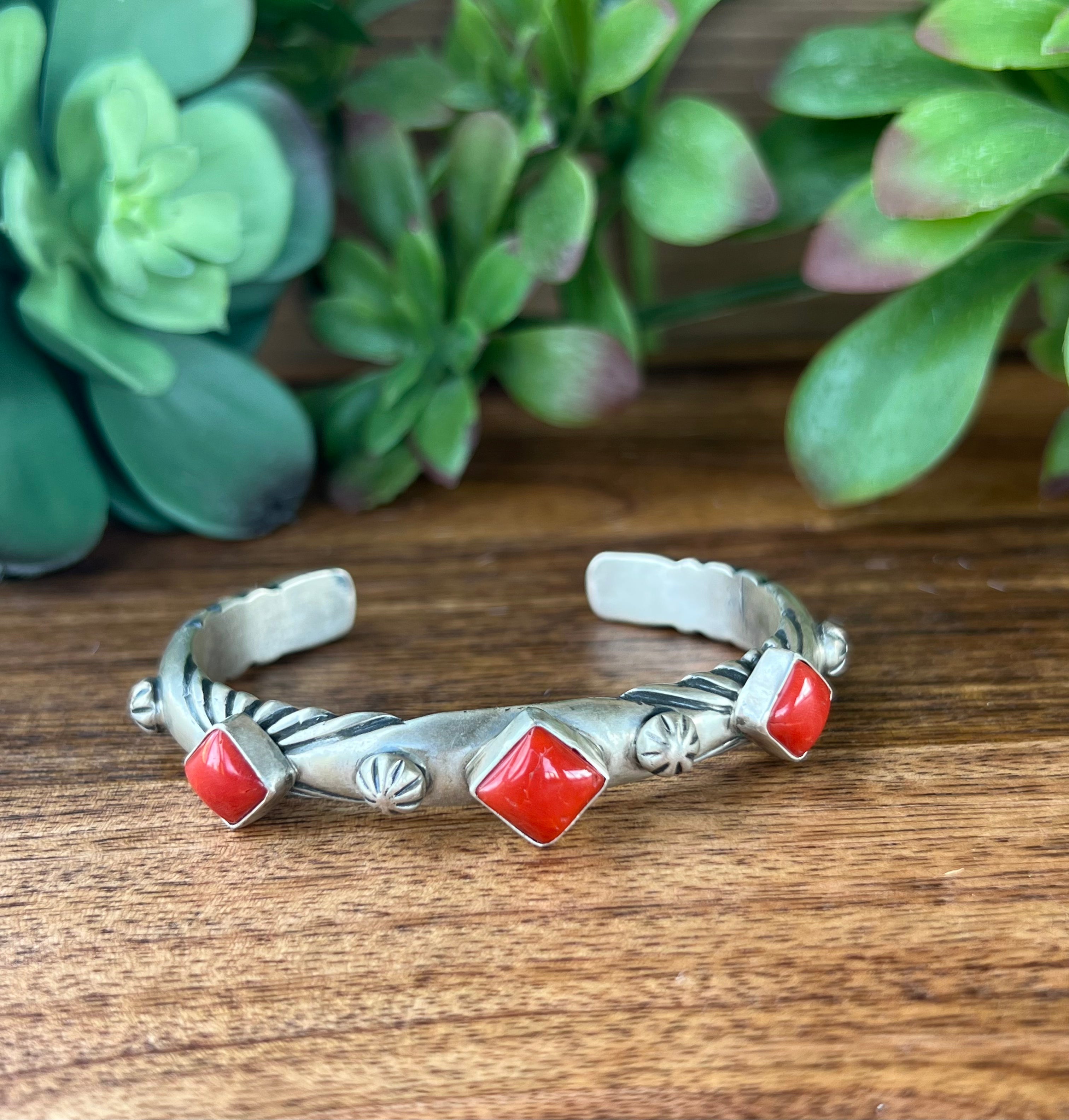 Navajo Natural Coral & Sterling Silver Cuff Bracelet