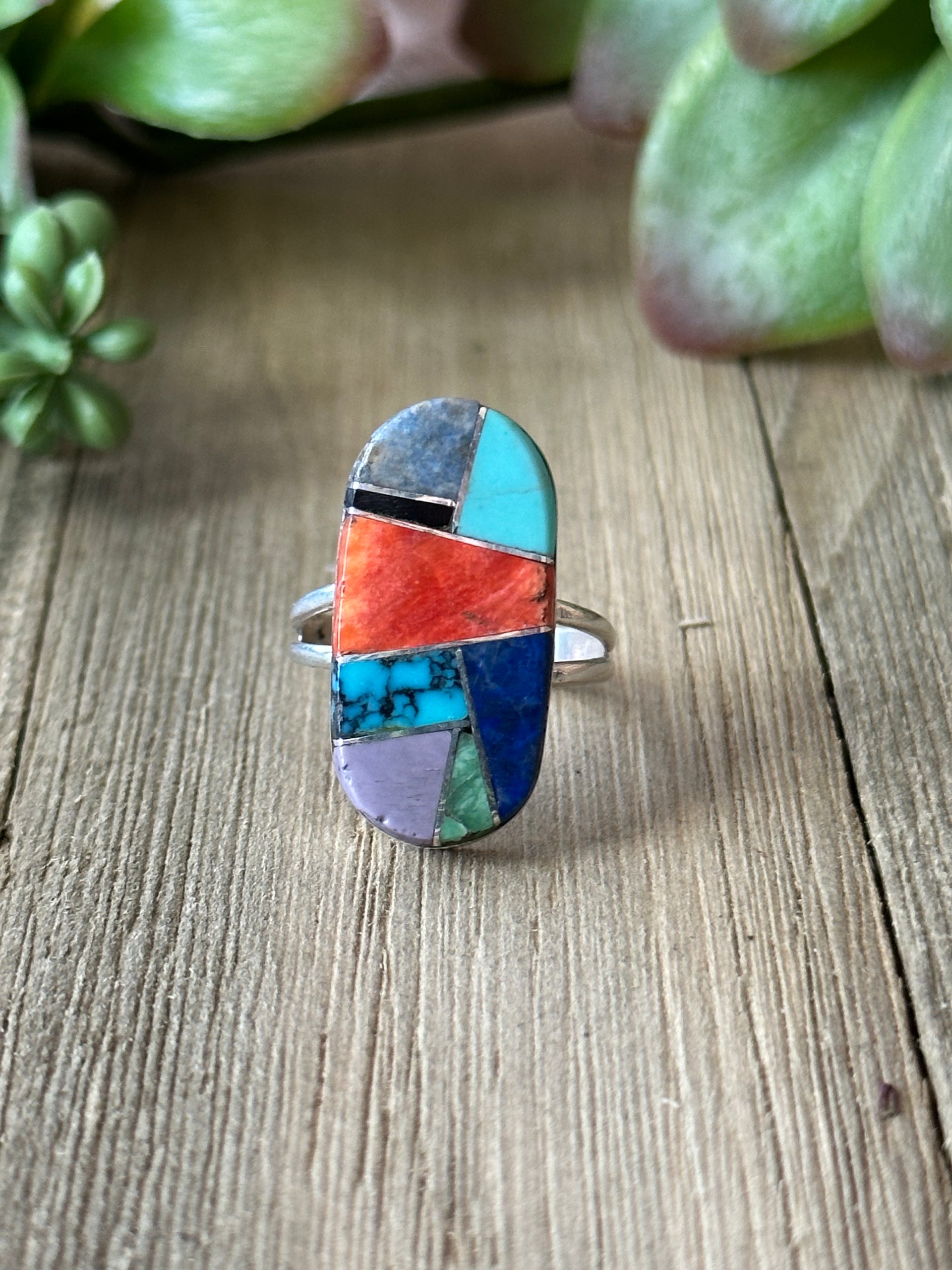 Navajo Made Multi Stone & Sterling Silver Inlay Ring Size 7.25