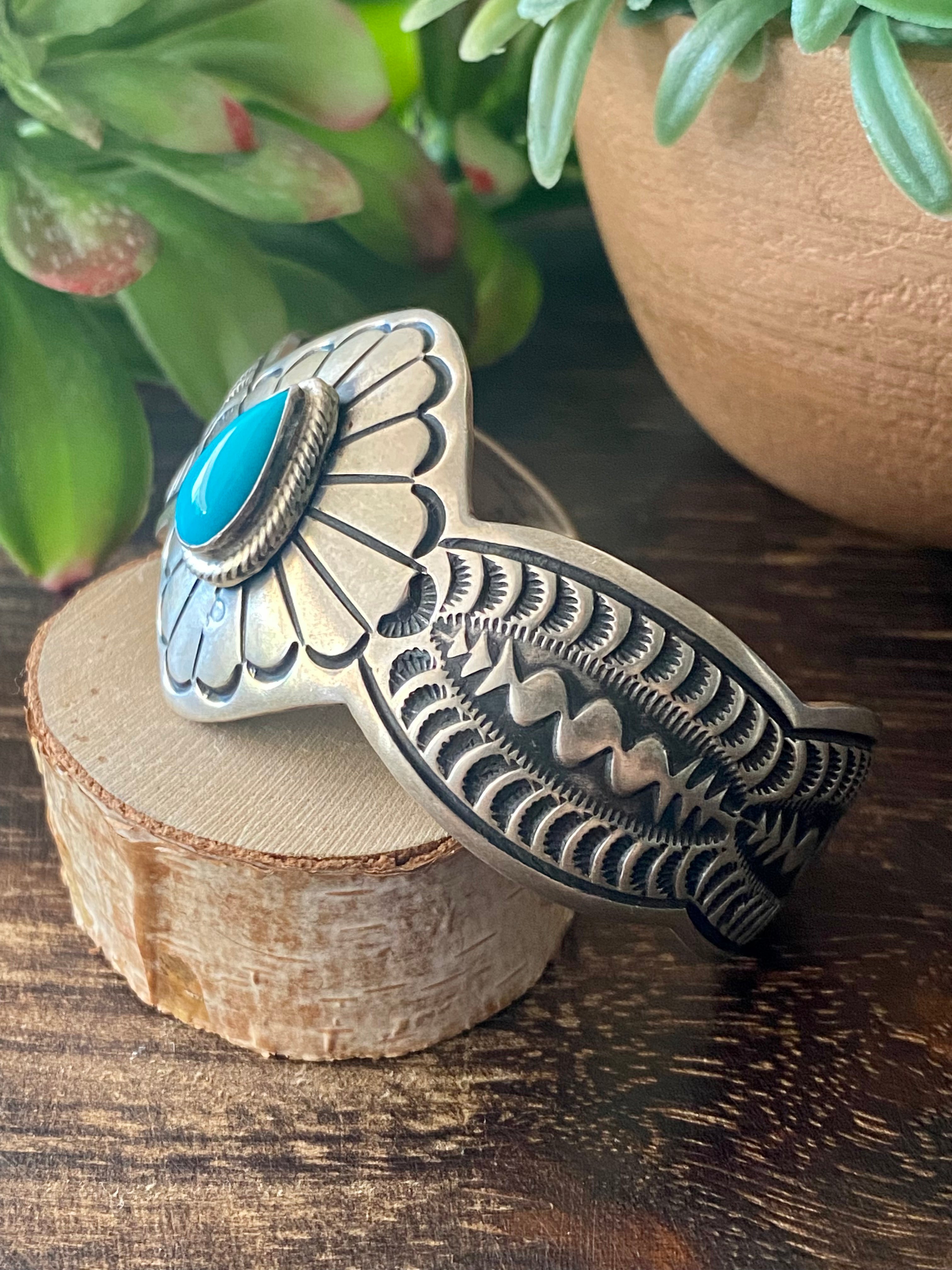 Navajo Made Sleeping Beauty Turquoise & Sterling Silver Cuff Bracelet