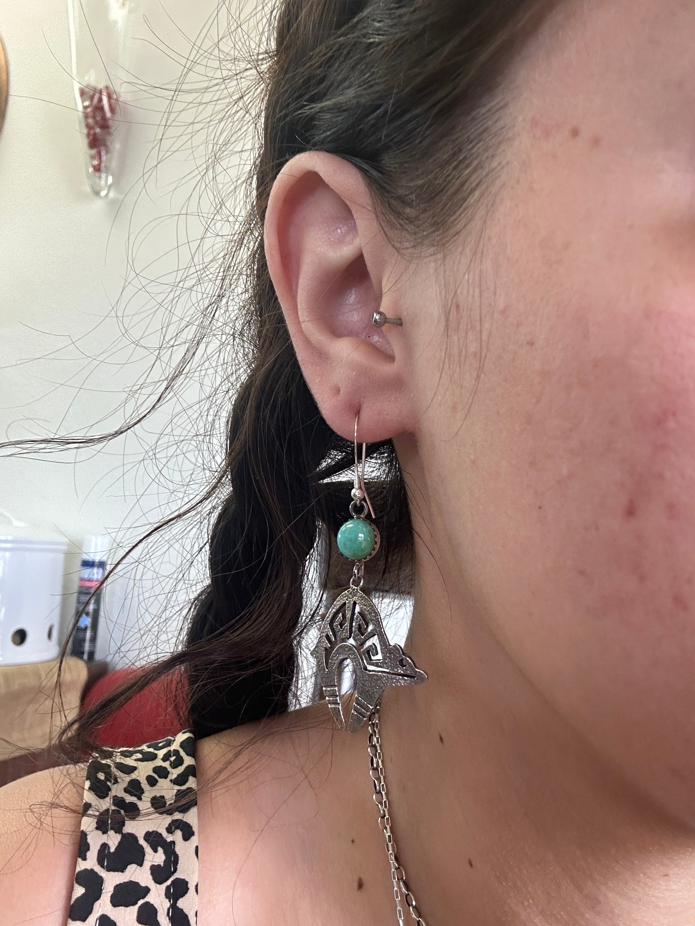 Navajo Made Kingman Turquoise & Sterling Silver Bear Dangle Earrings