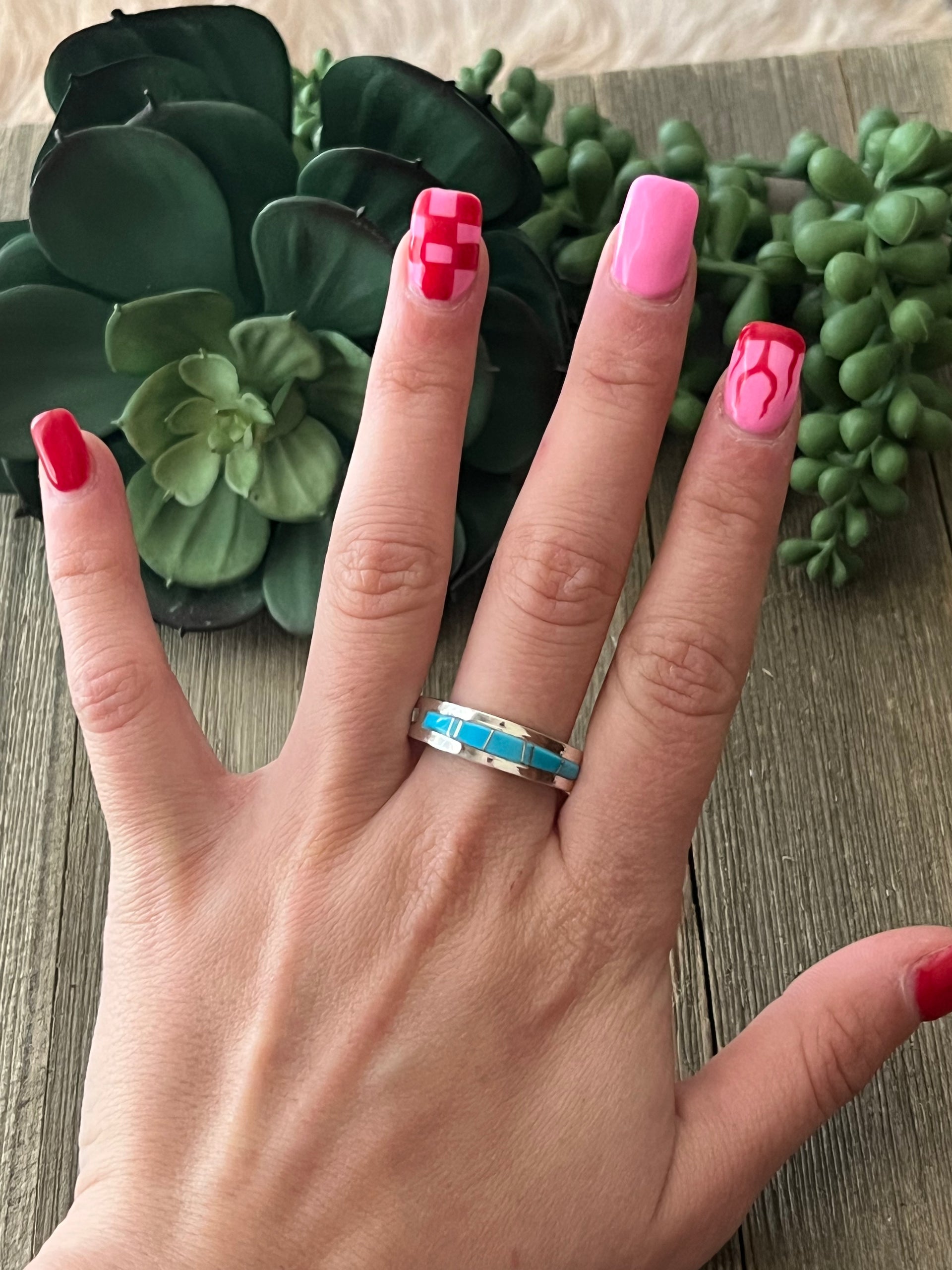 Navajo Made Kingman Turquoise & Sterling Silver Inlay Ring