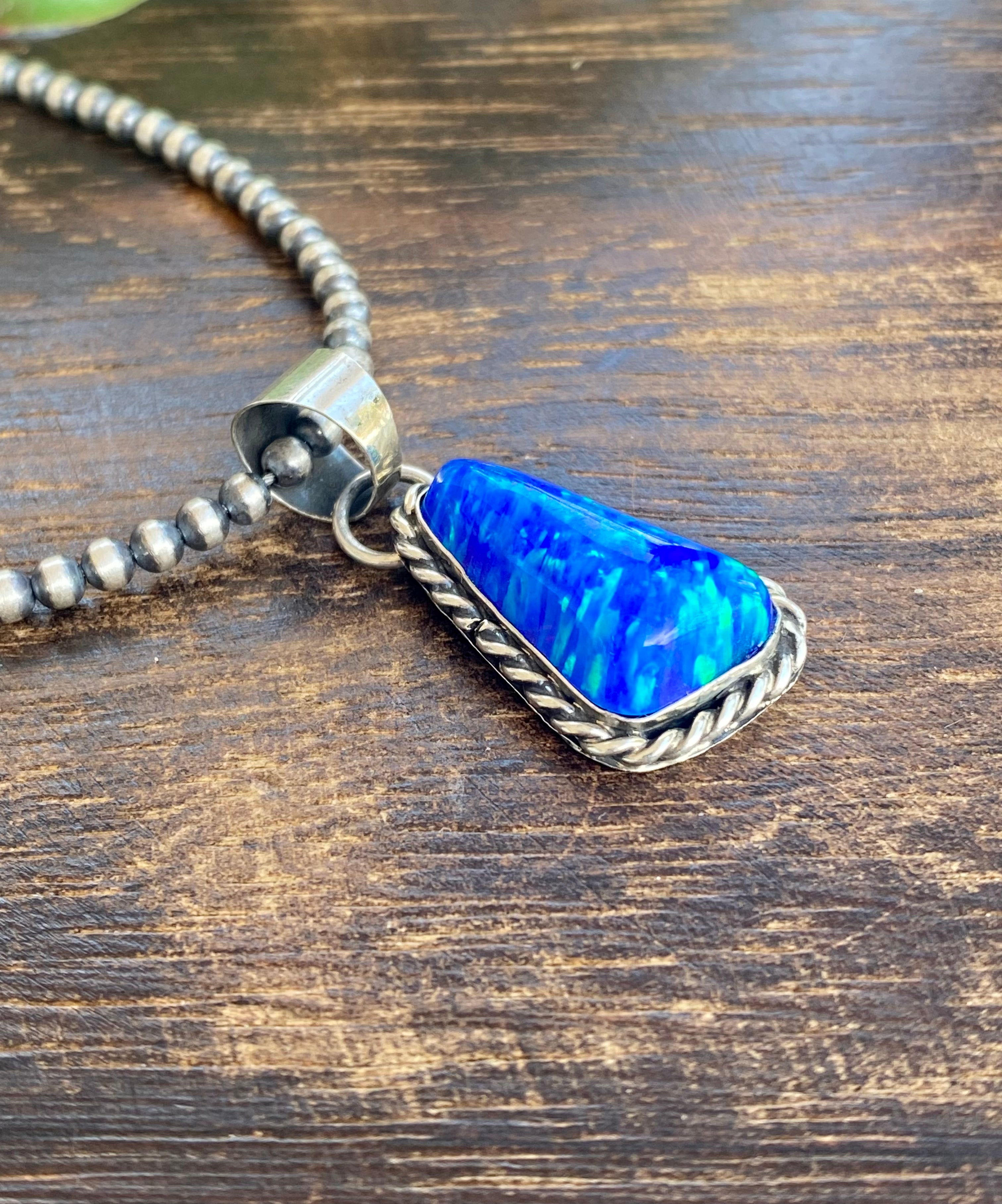 Navajo Made Blue Opal & Sterling Silver Pendant