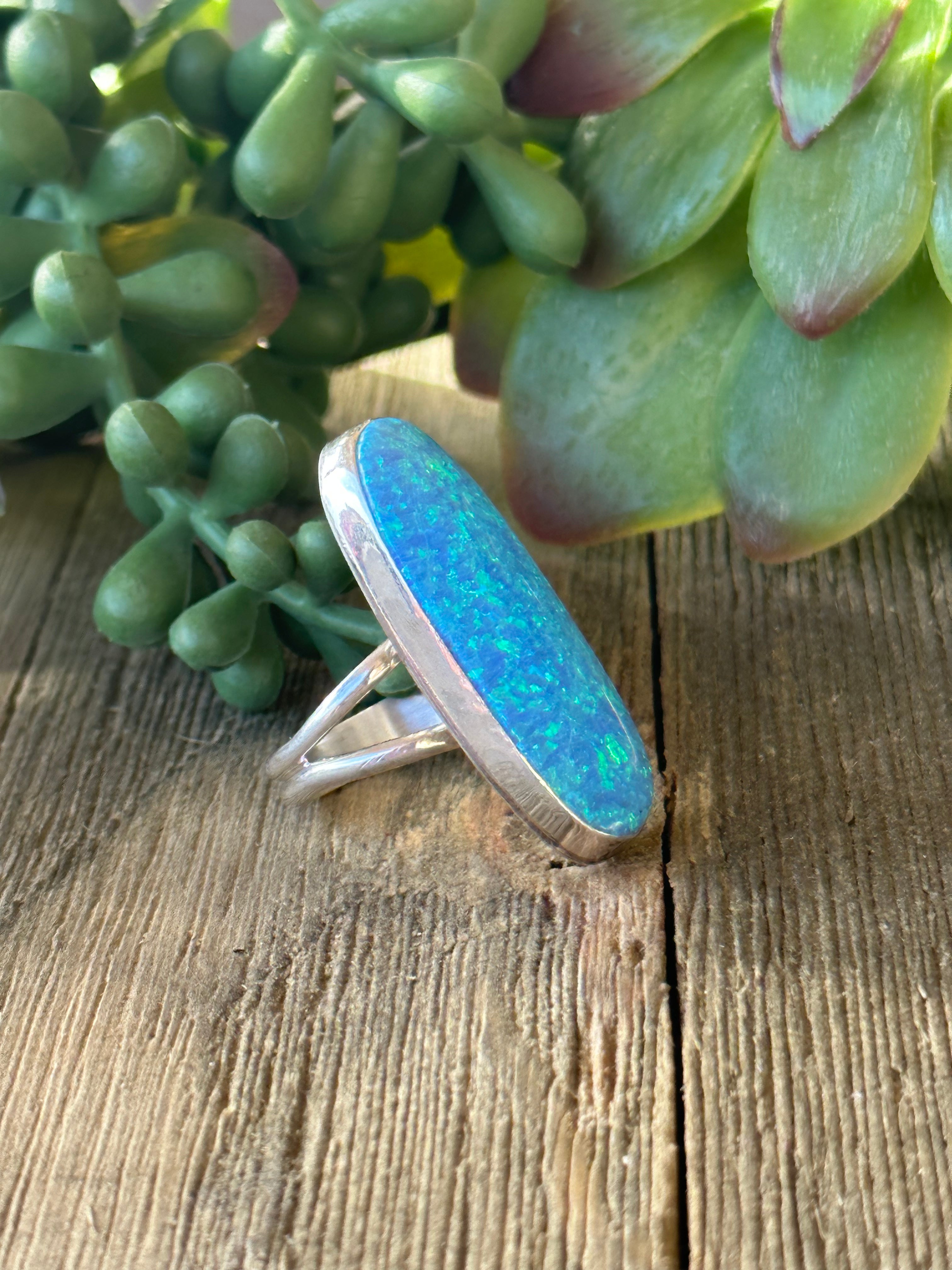 Navajo Made Blue Opal (Man-Made) & Sterling Silver Ring Size 6.25