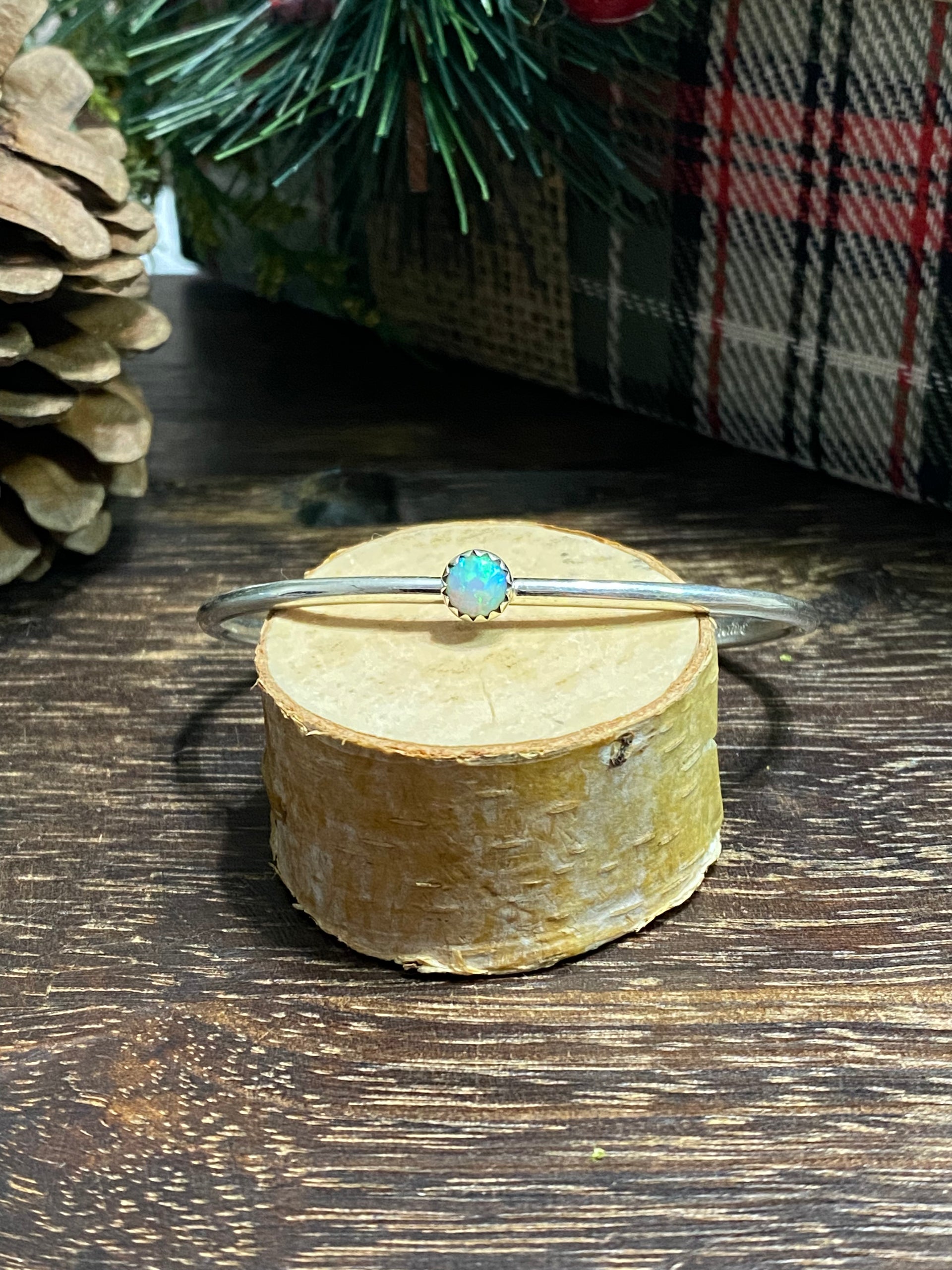 Navajo Made White Opal & Sterling Silver Cuff Bracelet