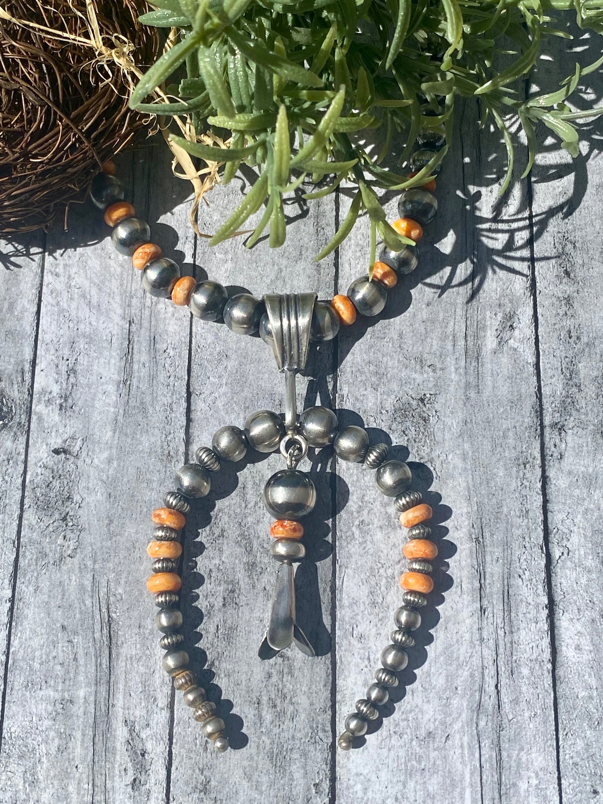 Navajo Made Spiny Oyster & Sterling Silver Naja Pearl Necklace