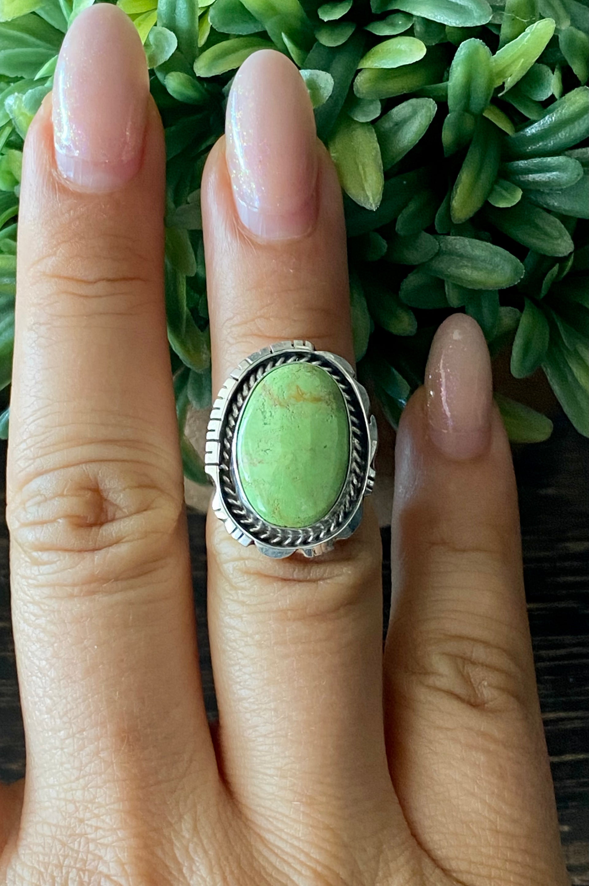 Navajo Made Australian Gaspeite & Sterling Silver Ring Size 6
