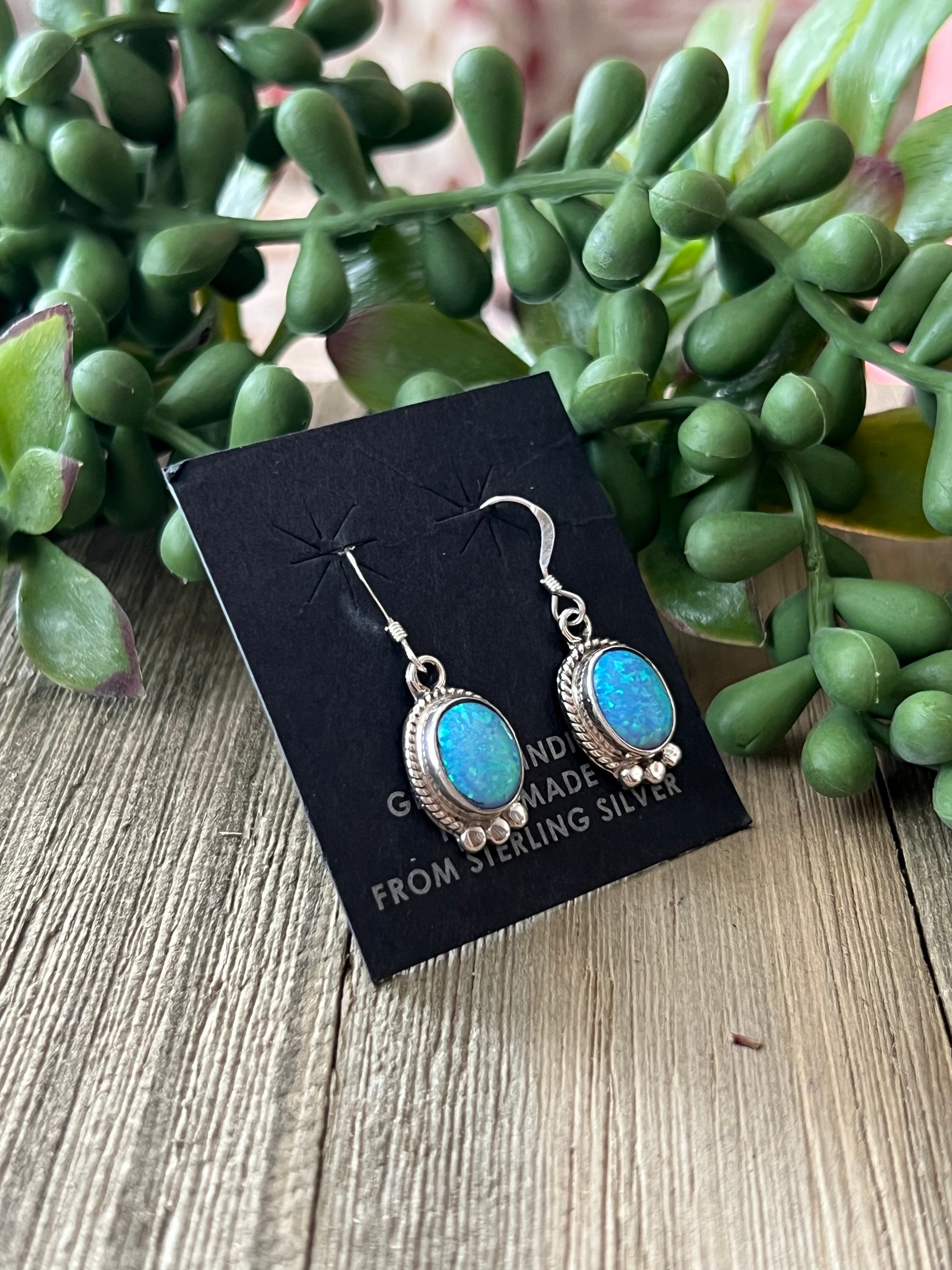 Navajo Made Blue Opal (Man-Made) & Sterling Silver Dangle Earrings