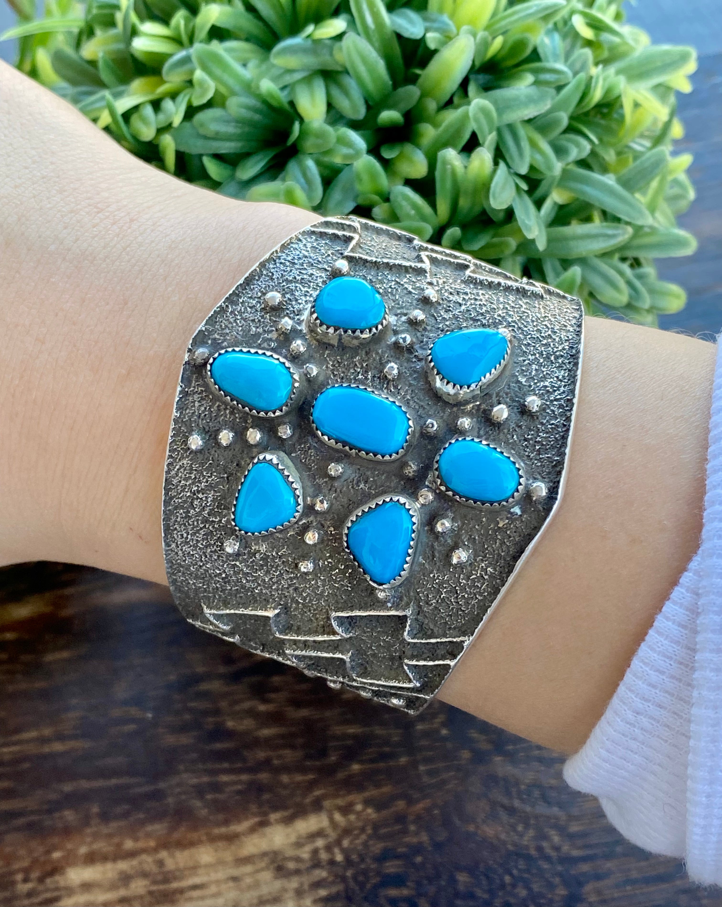 Delbert Arviso High Grade Sleeping Beauty Turquoise & Sterling Silver Tufa Cast Cuff Bracelet