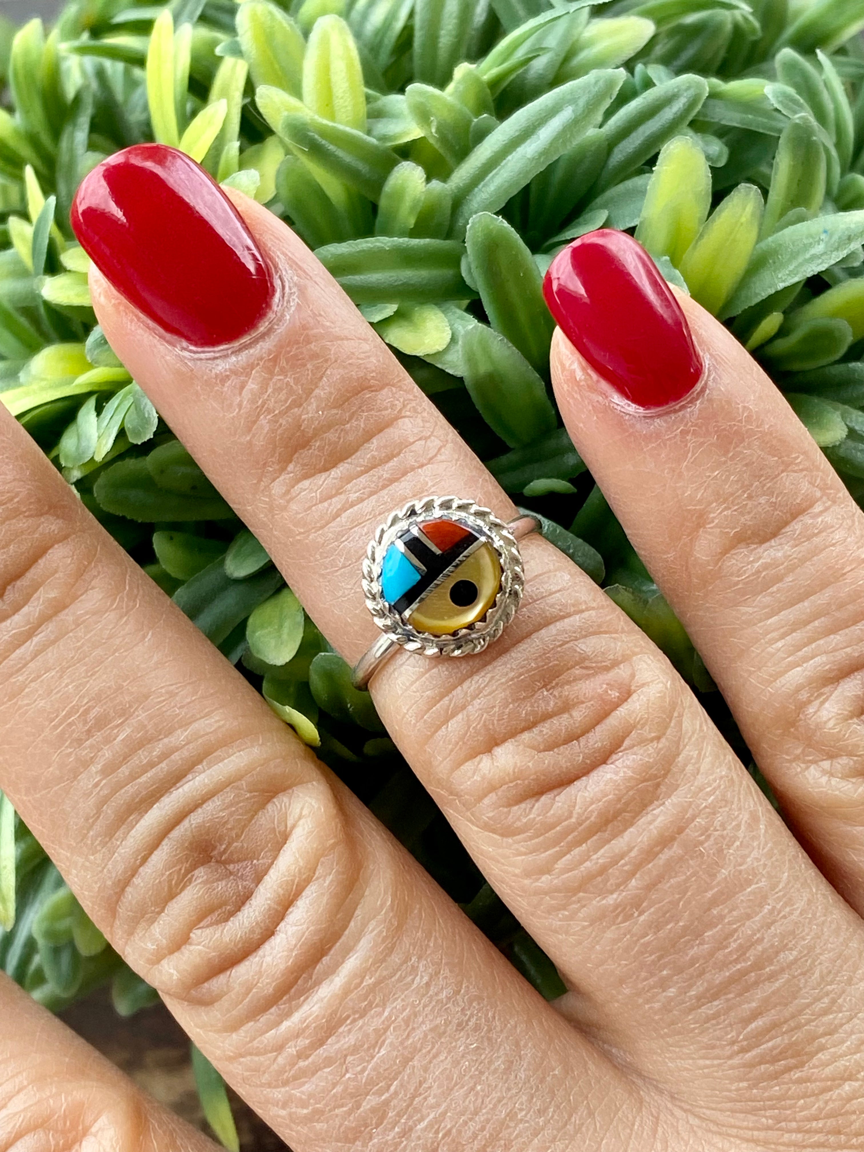 Zuni Made Multi Stone & Sterling Silver Sunface Inlay Ring